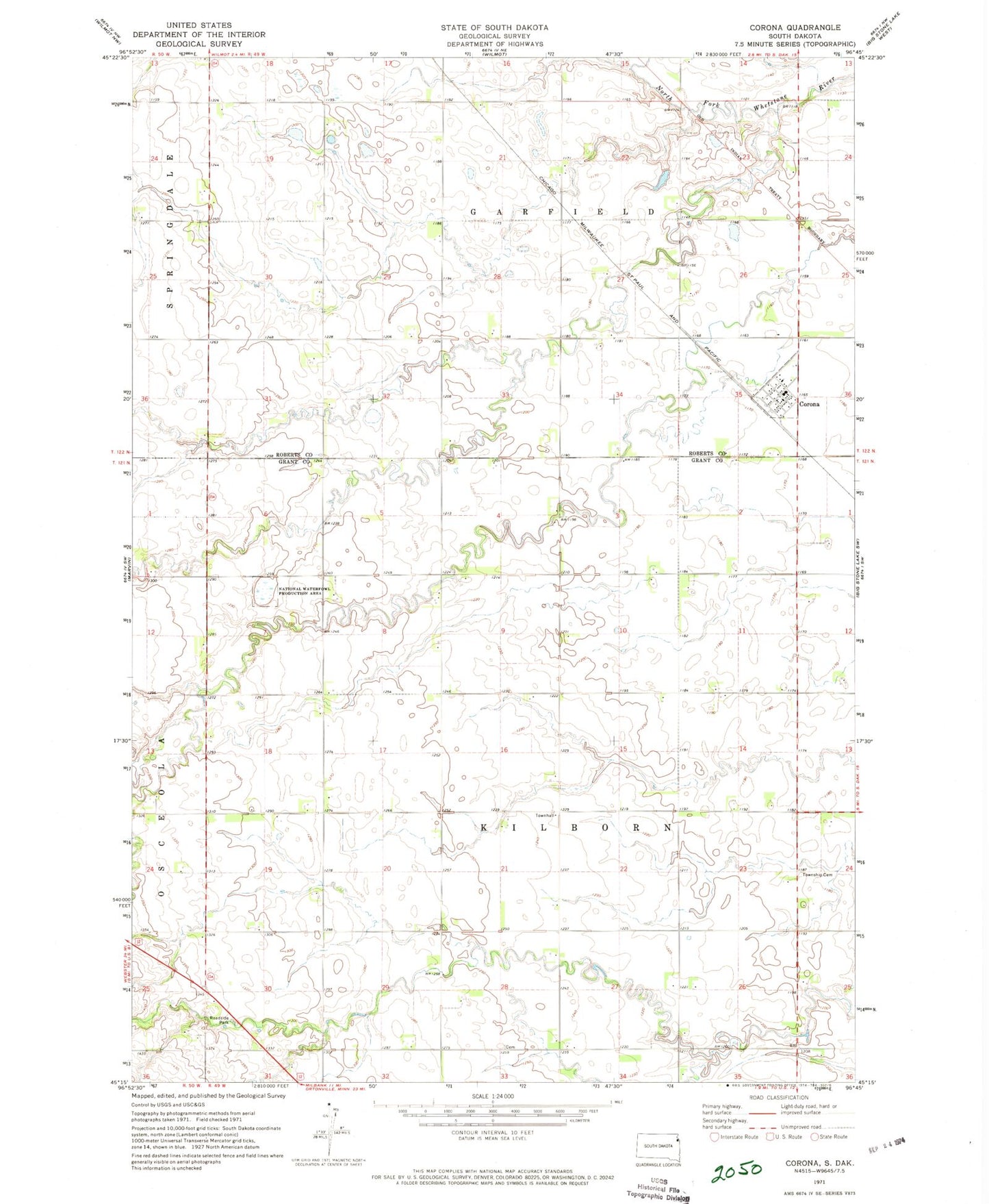 Classic USGS Corona South Dakota 7.5'x7.5' Topo Map Image