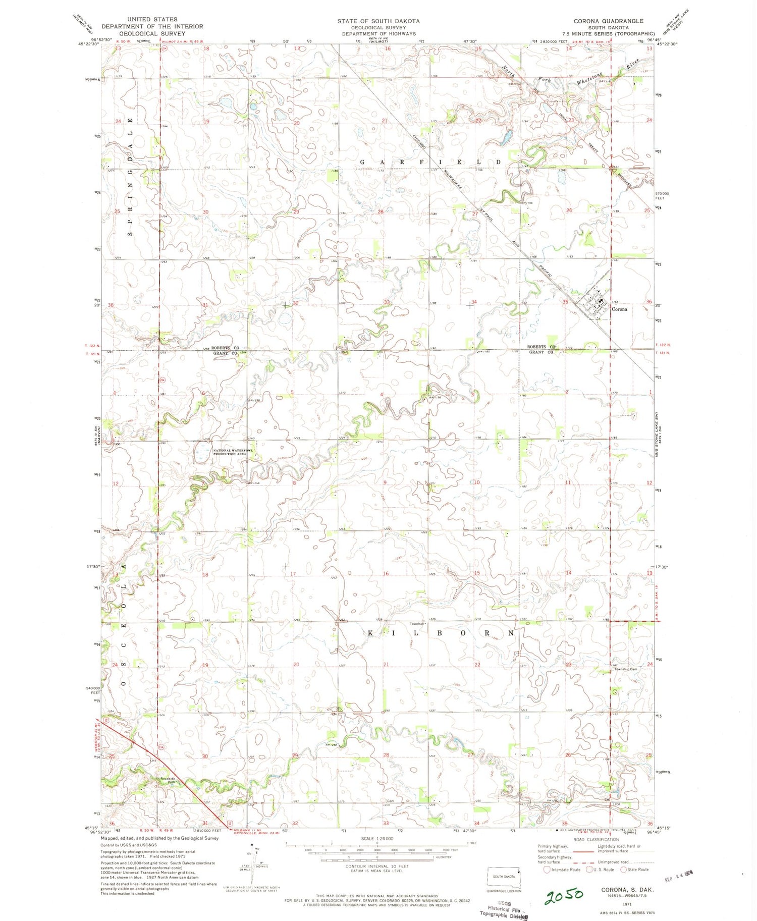 Classic USGS Corona South Dakota 7.5'x7.5' Topo Map Image