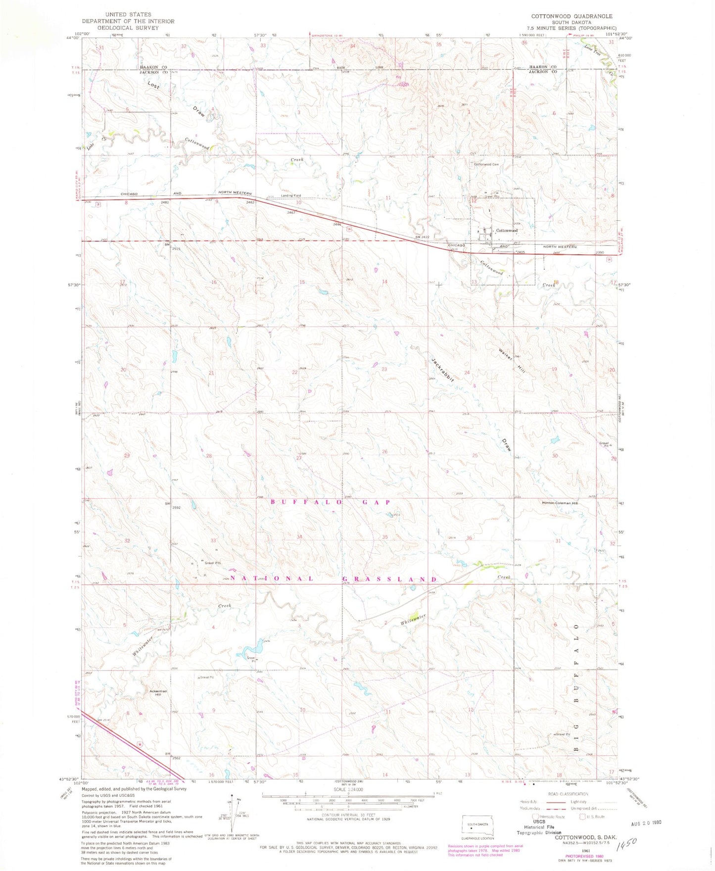 Classic USGS Cottonwood South Dakota 7.5'x7.5' Topo Map Image