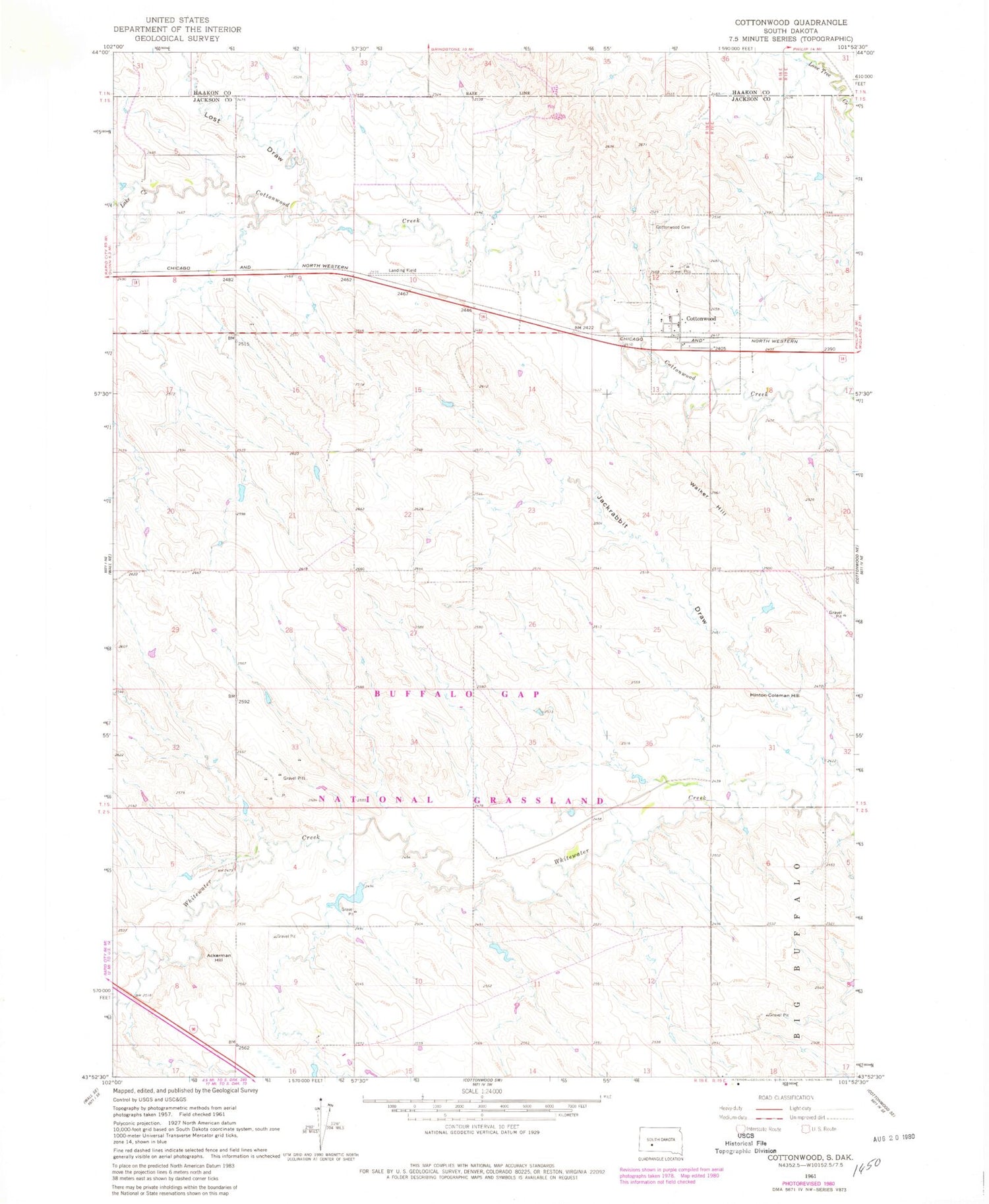 Classic USGS Cottonwood South Dakota 7.5'x7.5' Topo Map Image