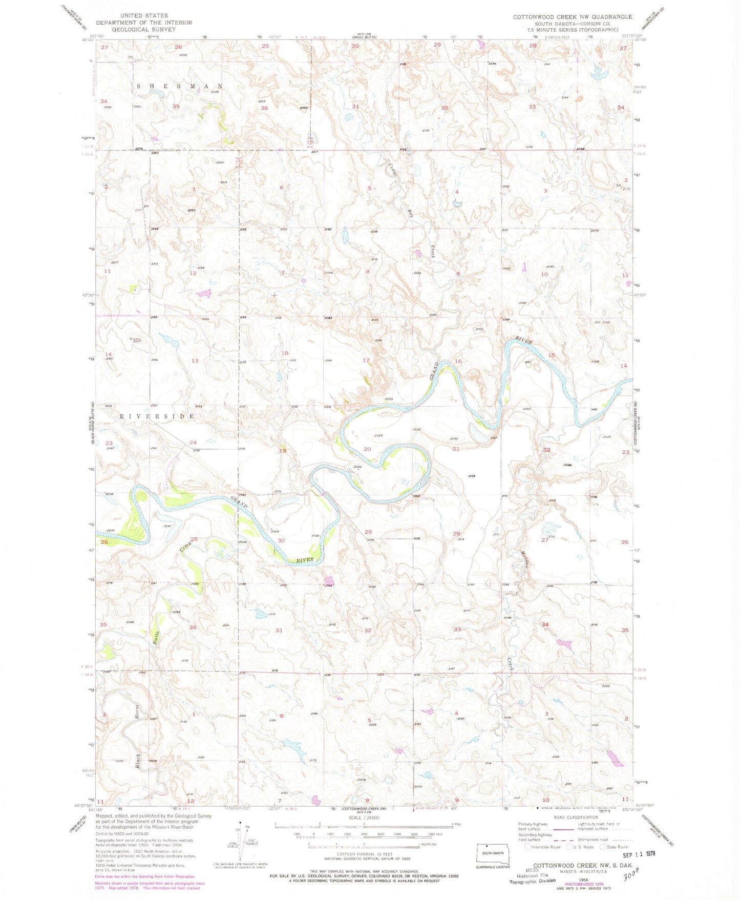 Classic USGS Cottonwood Creek NW South Dakota 7.5'x7.5' Topo Map Image