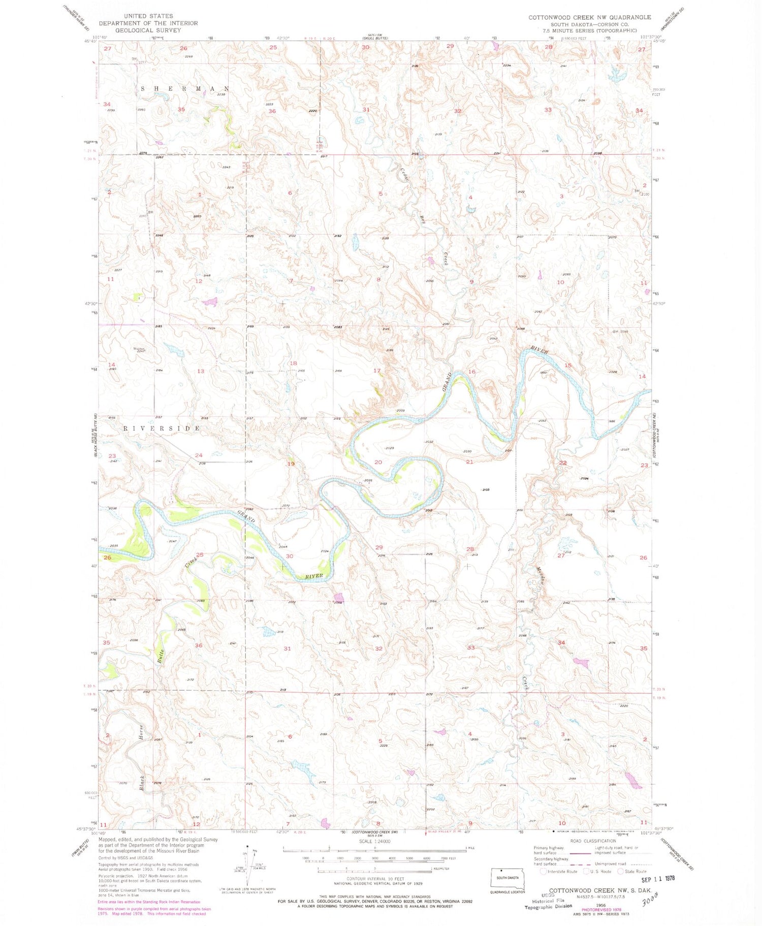 Classic USGS Cottonwood Creek NW South Dakota 7.5'x7.5' Topo Map Image