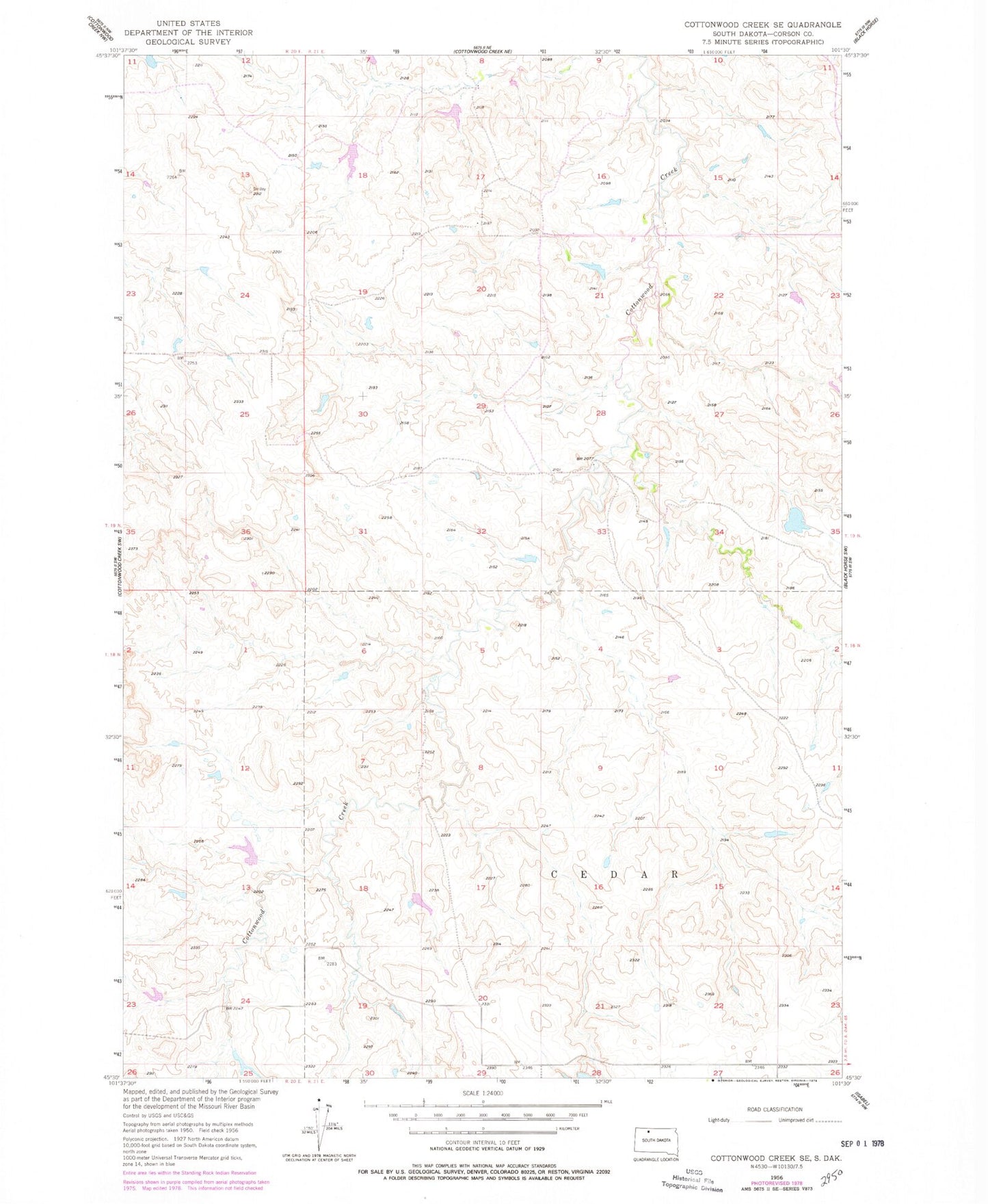 Classic USGS Cottonwood Creek SE South Dakota 7.5'x7.5' Topo Map Image