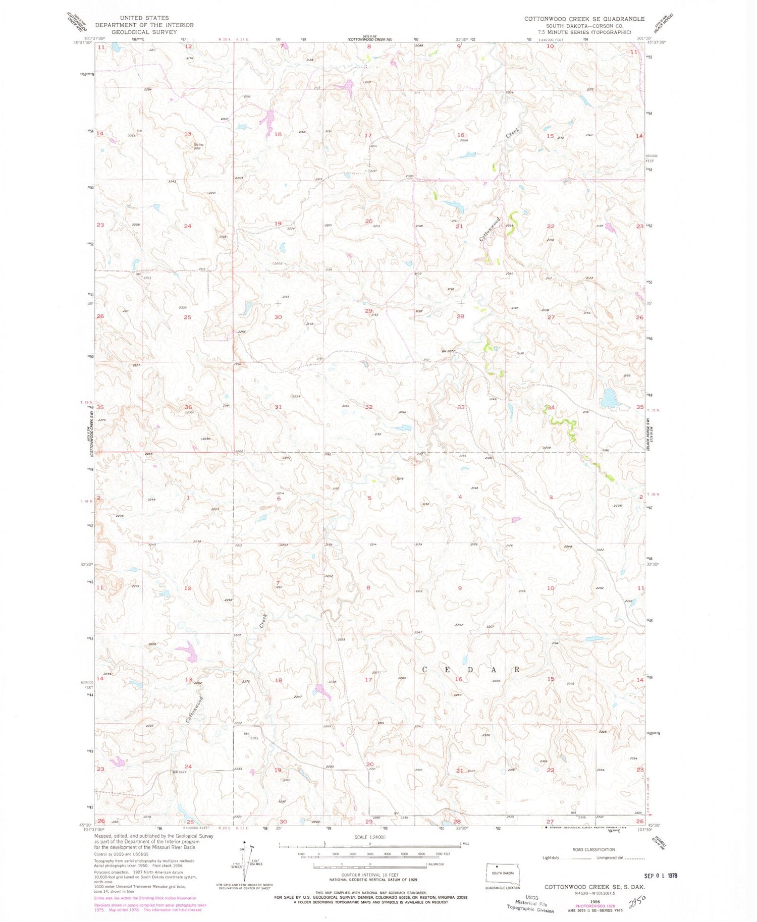 Classic USGS Cottonwood Creek SE South Dakota 7.5'x7.5' Topo Map Image