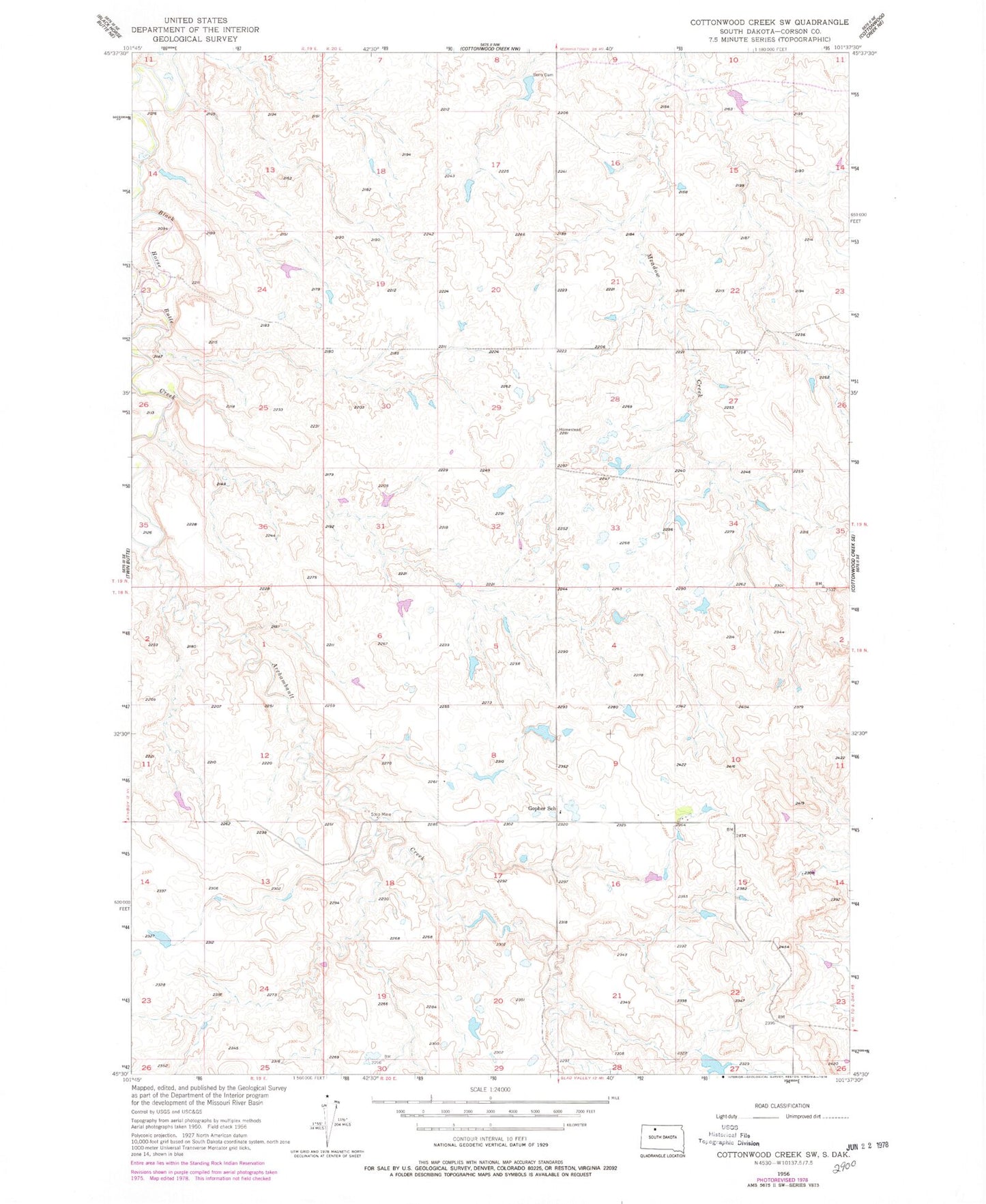 Classic USGS Cottonwood Creek SW South Dakota 7.5'x7.5' Topo Map Image