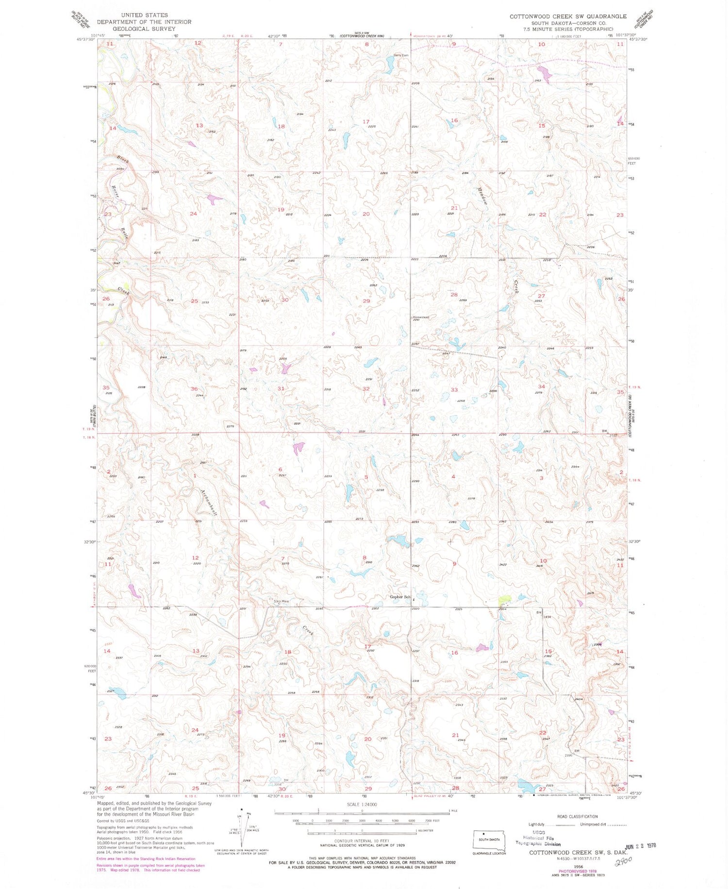 Classic USGS Cottonwood Creek SW South Dakota 7.5'x7.5' Topo Map Image