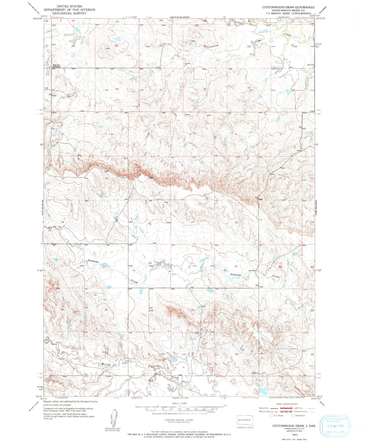 Classic USGS Cottonwood Draw South Dakota 7.5'x7.5' Topo Map Image