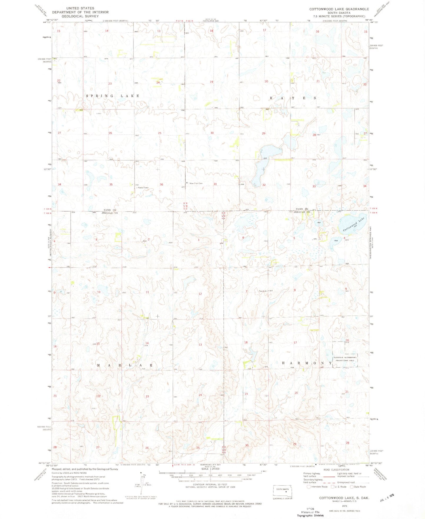 Classic USGS Cottonwood Lake South Dakota 7.5'x7.5' Topo Map Image