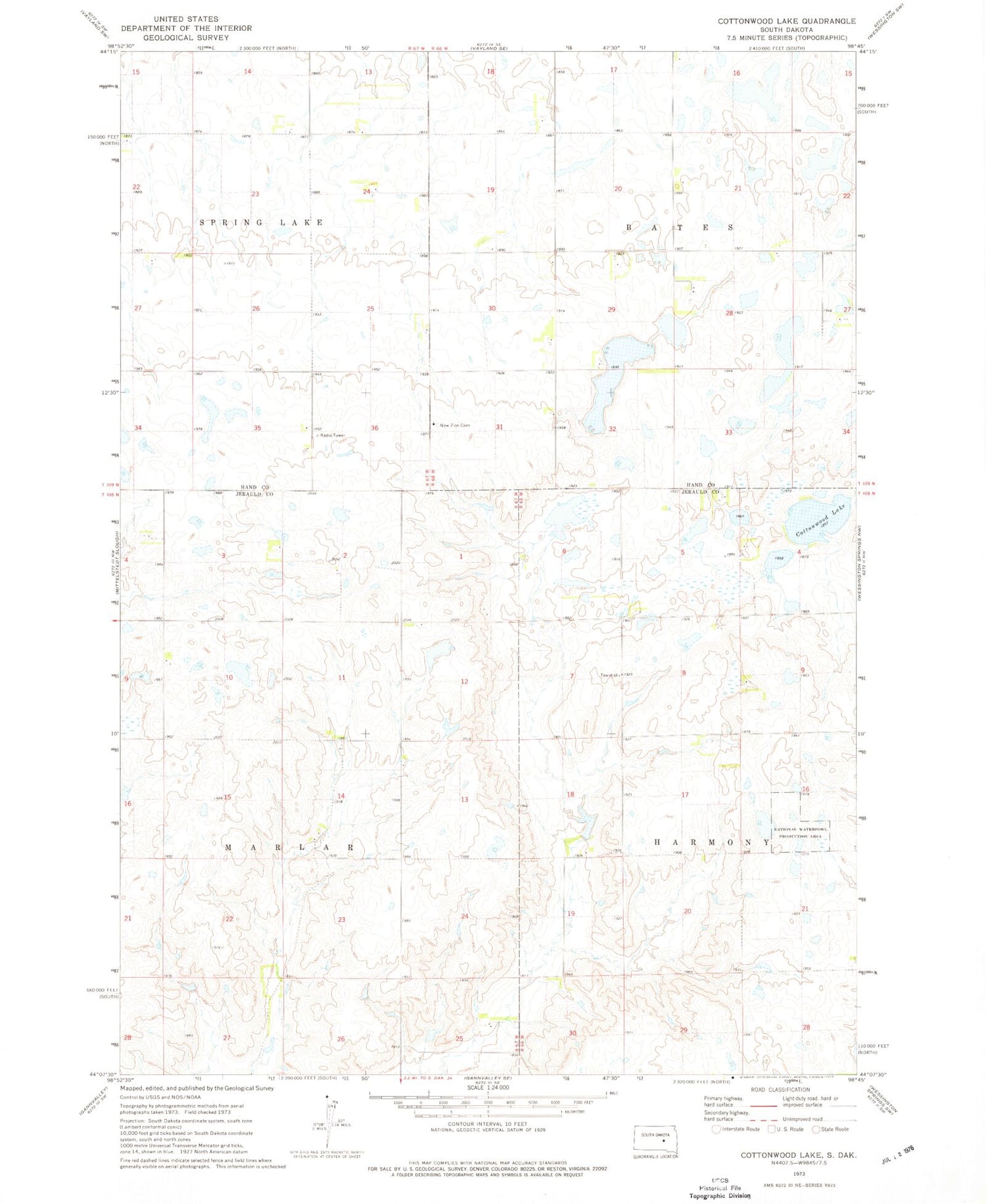 Classic USGS Cottonwood Lake South Dakota 7.5'x7.5' Topo Map Image