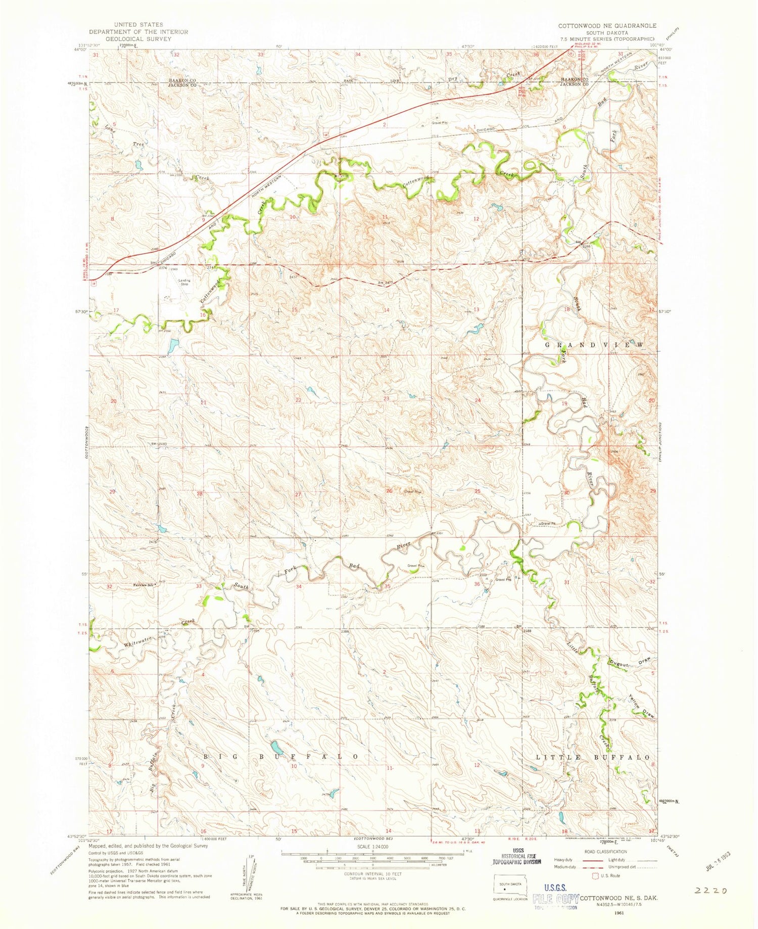 Classic USGS Cottonwood NE South Dakota 7.5'x7.5' Topo Map Image