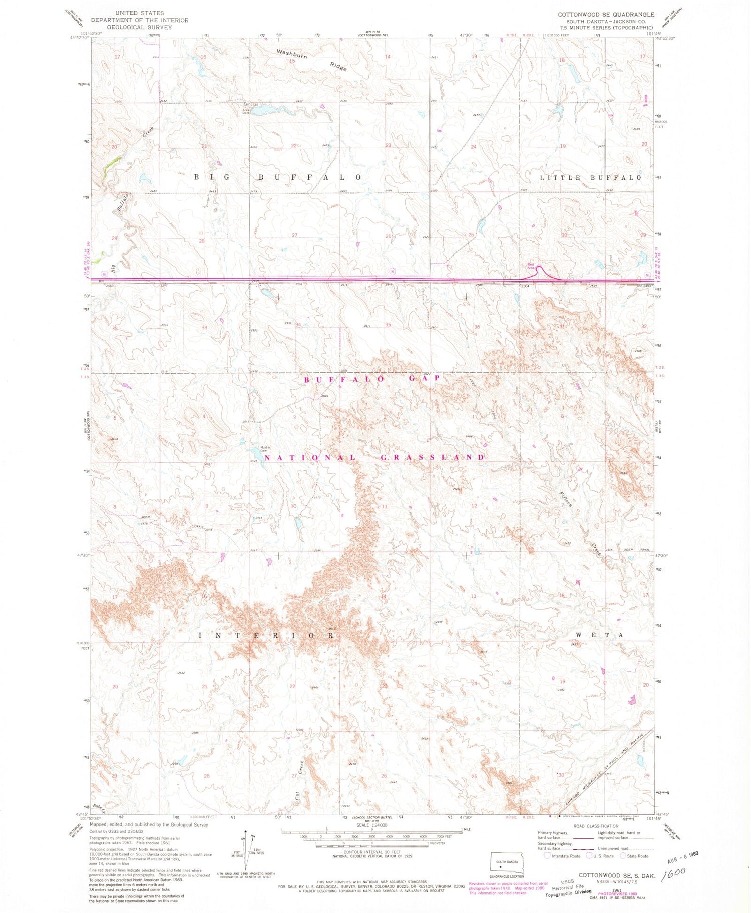 Classic USGS Cottonwood SE South Dakota 7.5'x7.5' Topo Map Image