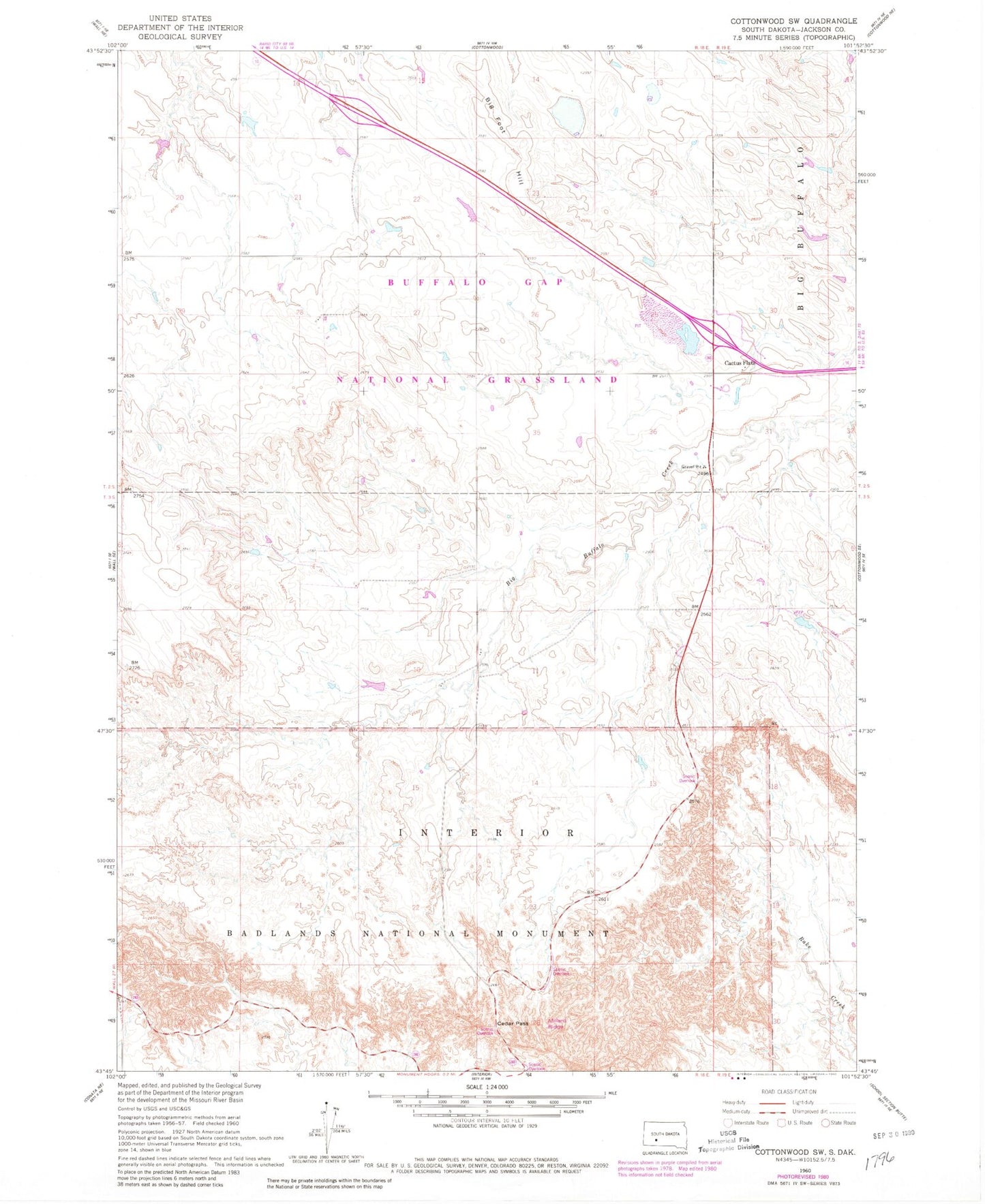 Classic USGS Cottonwood SW South Dakota 7.5'x7.5' Topo Map Image
