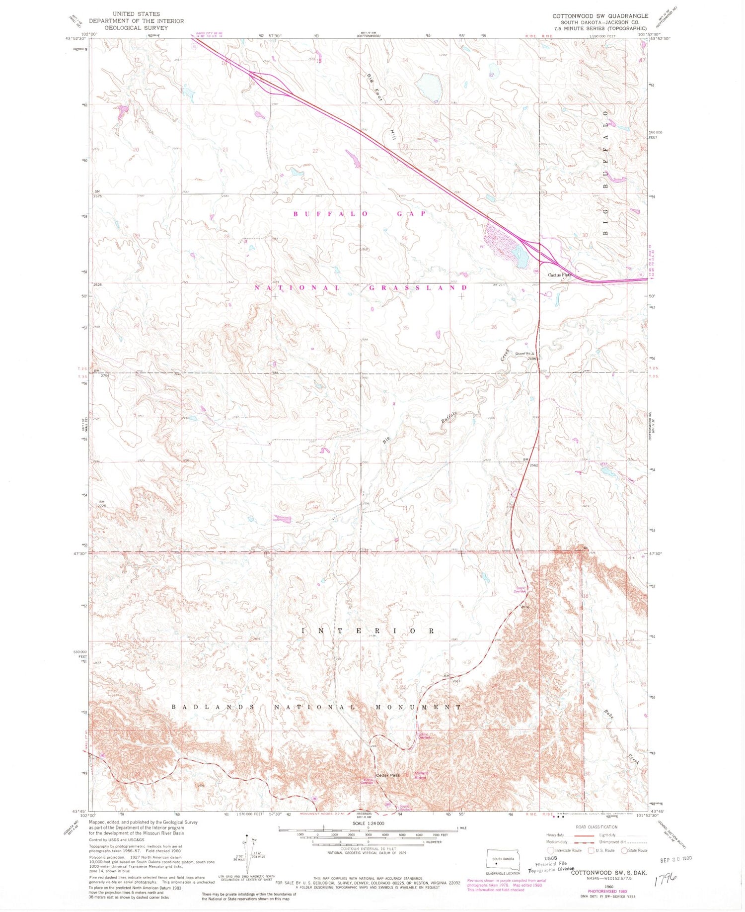 Classic USGS Cottonwood SW South Dakota 7.5'x7.5' Topo Map Image