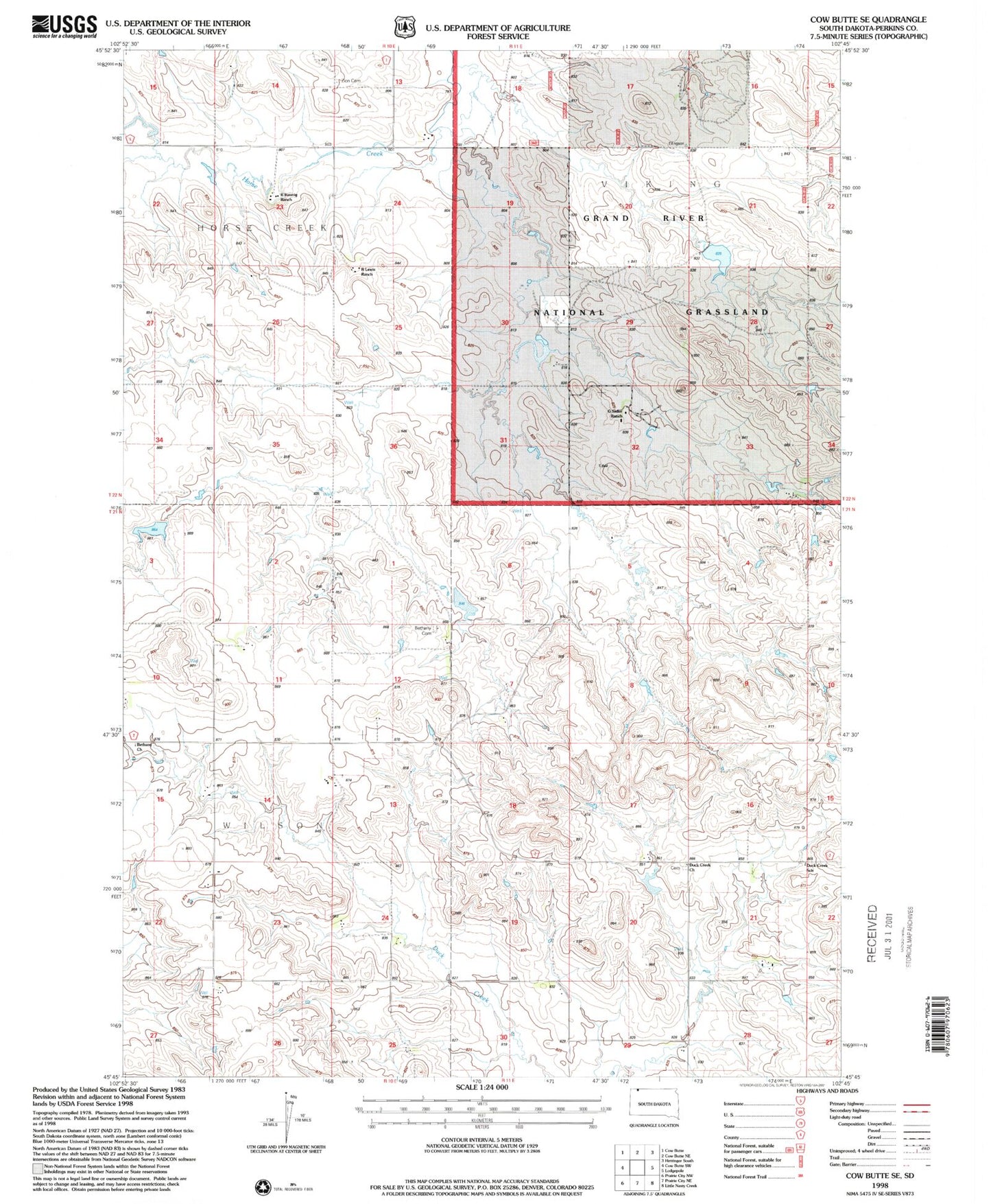Classic USGS Cow Butte SE South Dakota 7.5'x7.5' Topo Map Image