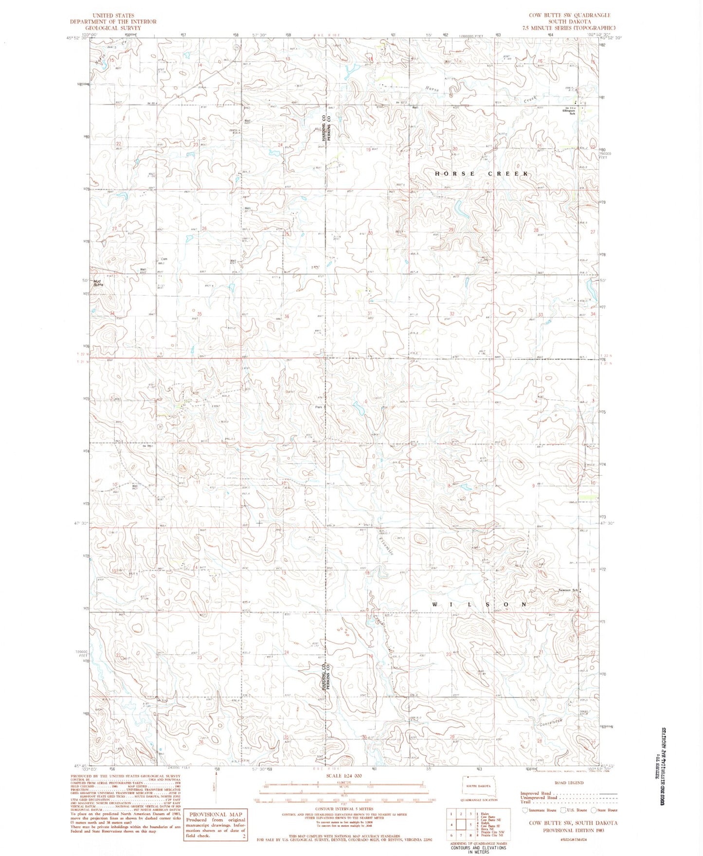Classic USGS Cow Butte SW South Dakota 7.5'x7.5' Topo Map Image
