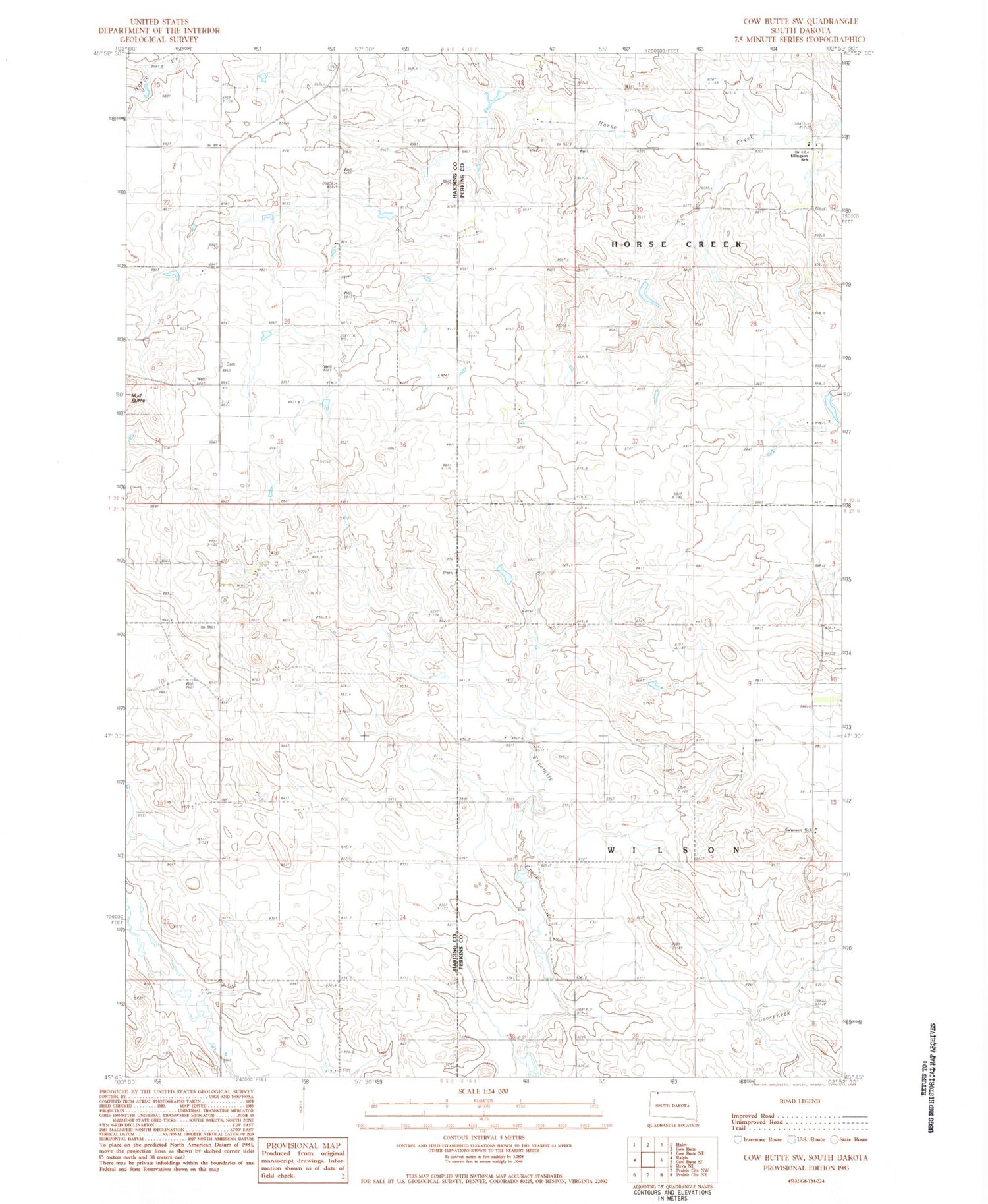 Classic USGS Cow Butte SW South Dakota 7.5'x7.5' Topo Map Image