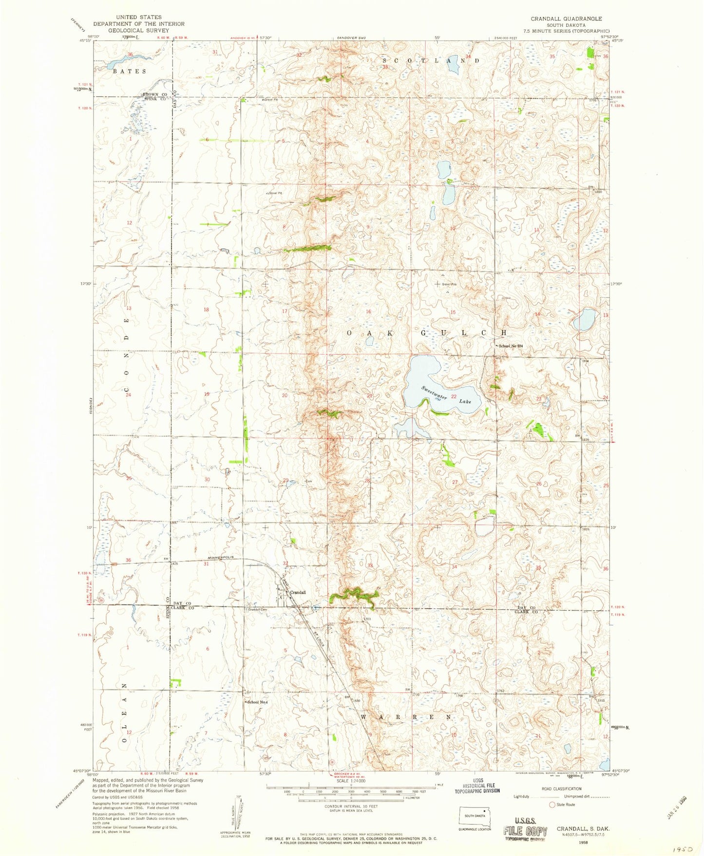 Classic USGS Crandall South Dakota 7.5'x7.5' Topo Map Image