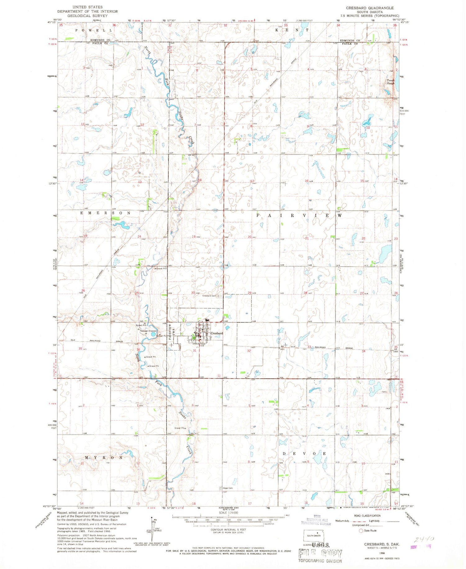Classic USGS Cresbard South Dakota 7.5'x7.5' Topo Map Image