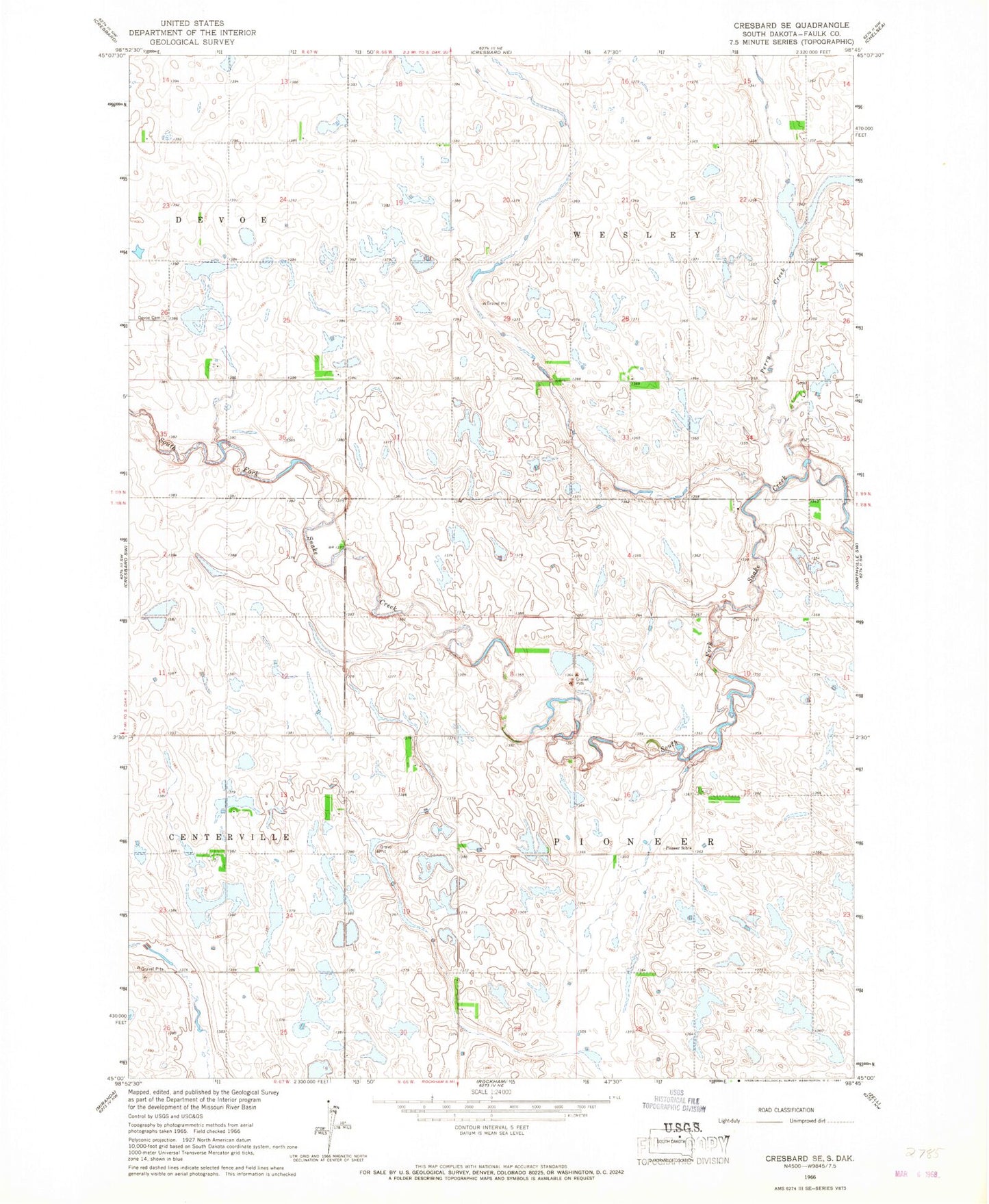 Classic USGS Cresbard SE South Dakota 7.5'x7.5' Topo Map Image