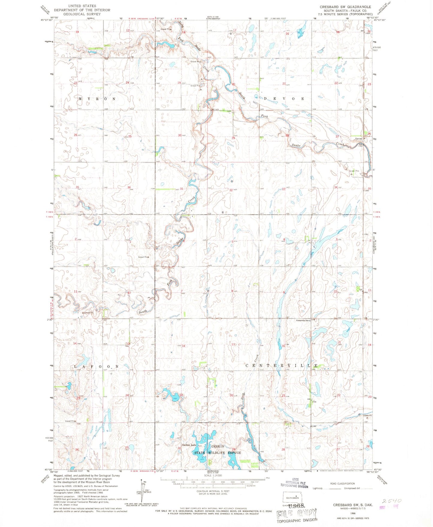Classic USGS Cresbard SW South Dakota 7.5'x7.5' Topo Map Image