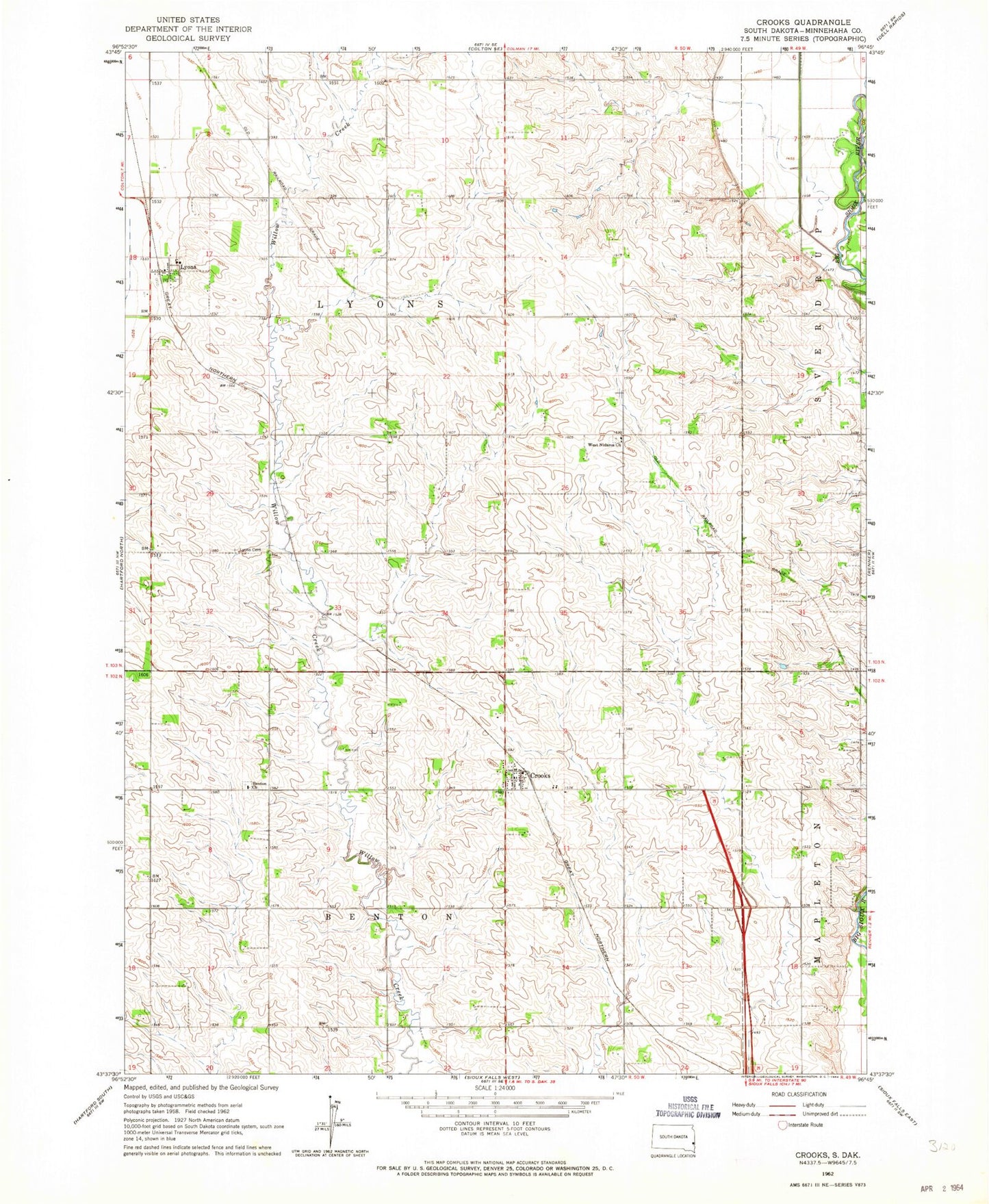 Classic USGS Crooks South Dakota 7.5'x7.5' Topo Map Image