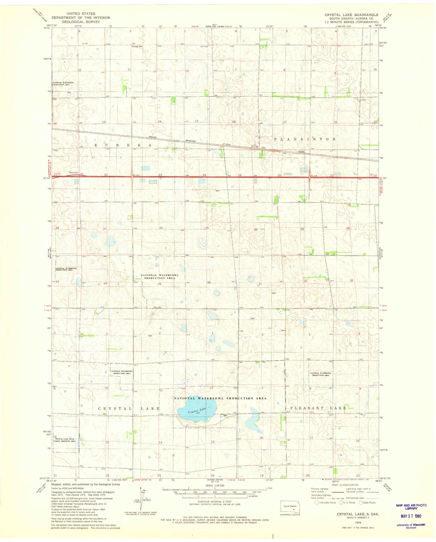 Classic USGS Crystal Lake South Dakota 7.5'x7.5' Topo Map Image