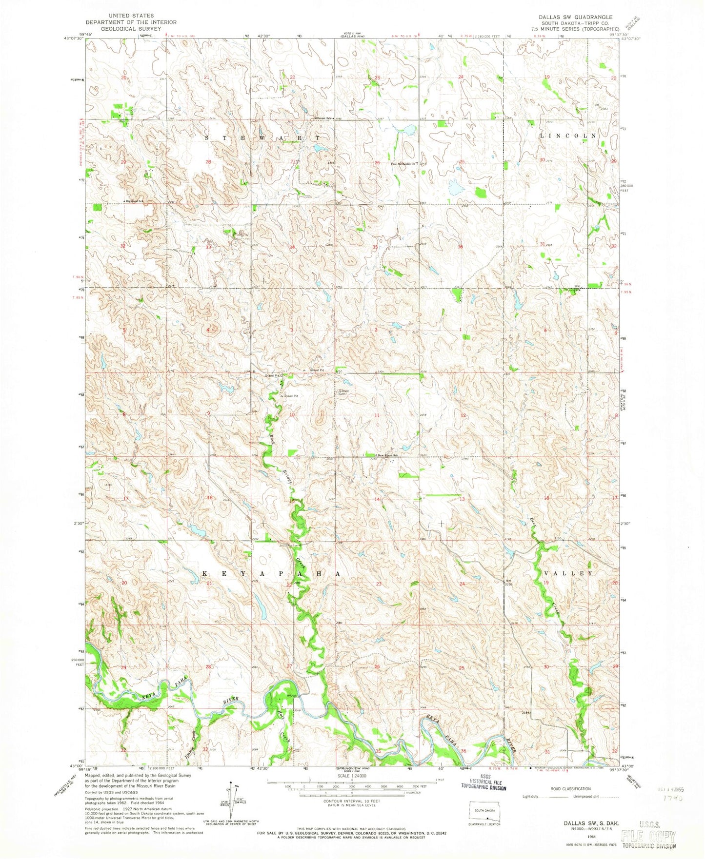 Classic USGS Dallas SW South Dakota 7.5'x7.5' Topo Map Image
