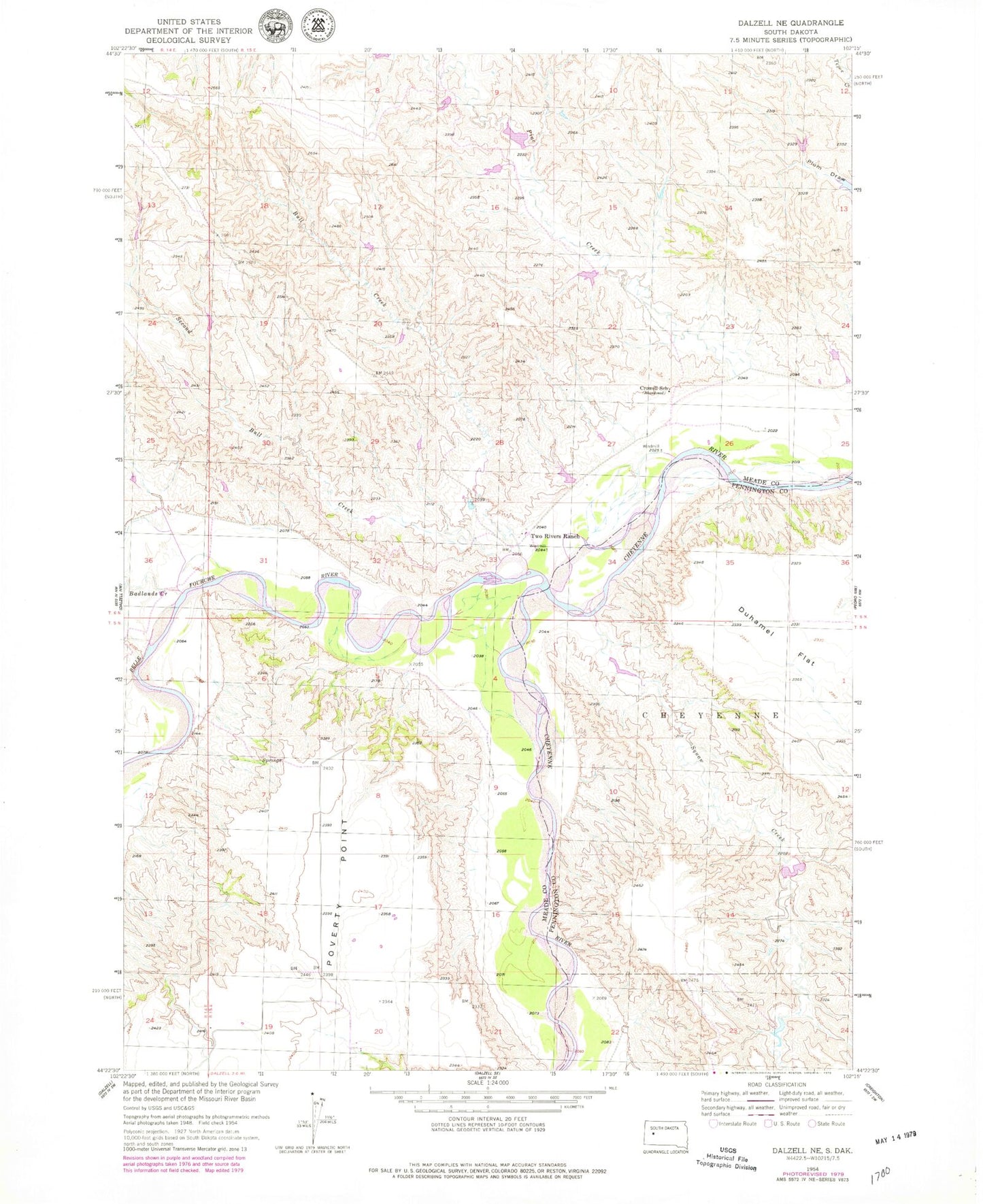 Classic USGS Dalzell NE South Dakota 7.5'x7.5' Topo Map Image