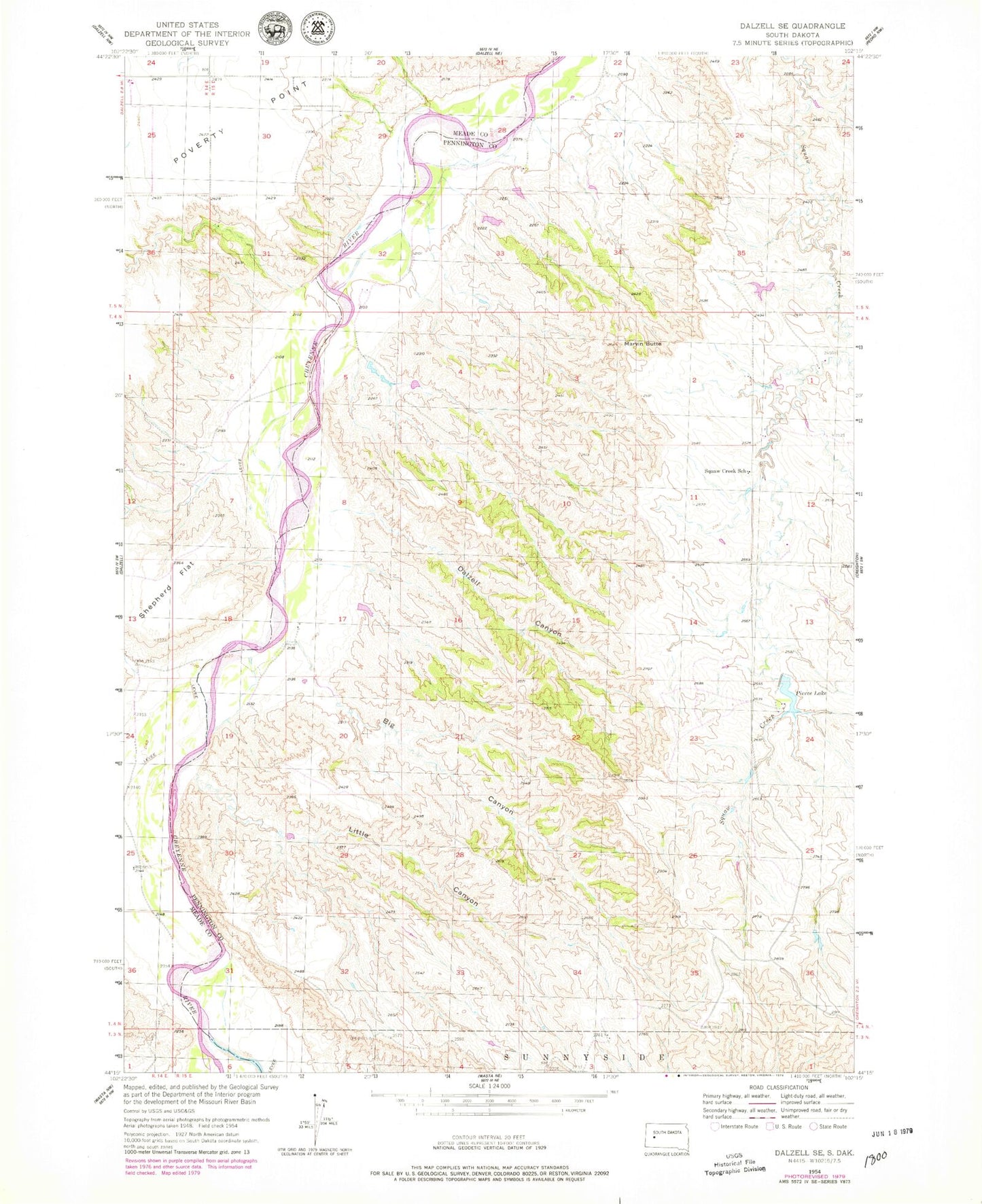 Classic USGS Dalzell SE South Dakota 7.5'x7.5' Topo Map Image