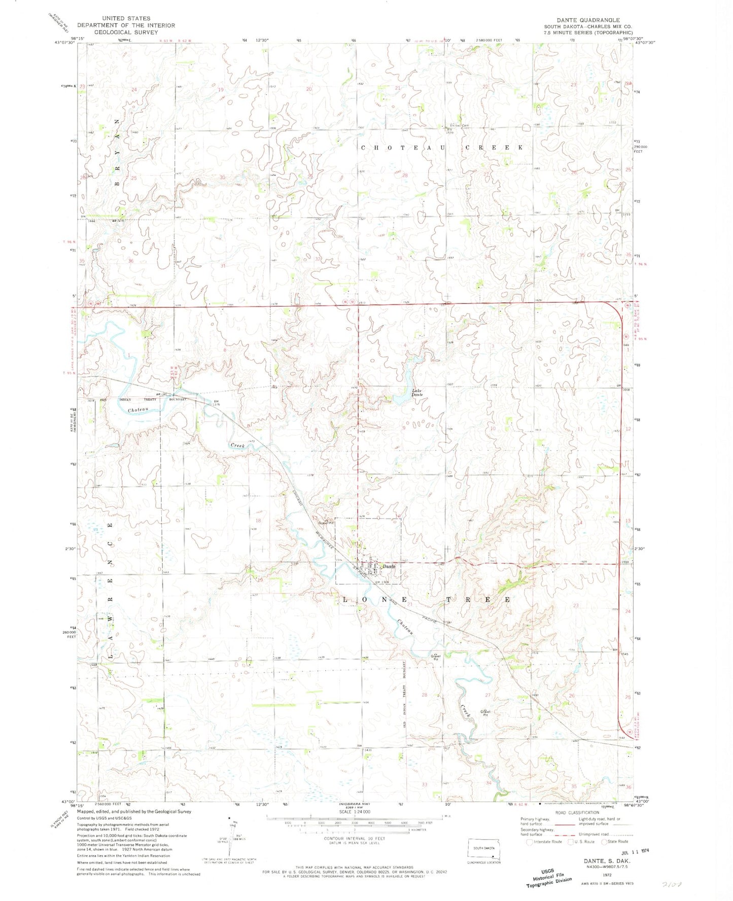 Classic USGS Dante South Dakota 7.5'x7.5' Topo Map Image