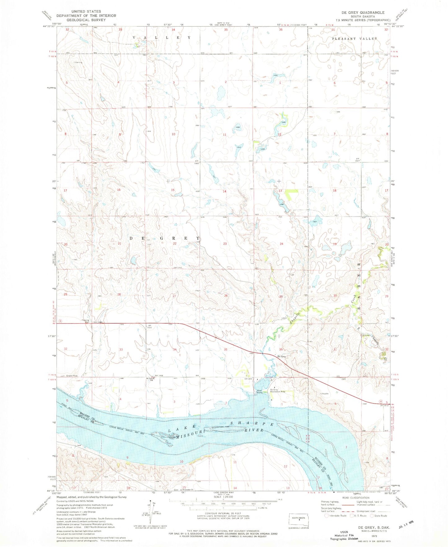 Classic USGS De Grey South Dakota 7.5'x7.5' Topo Map Image