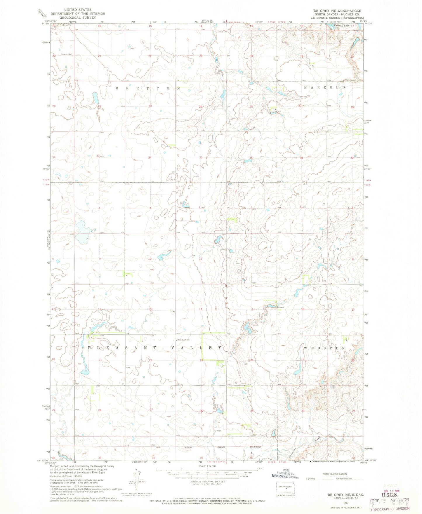 Classic USGS De Grey NE South Dakota 7.5'x7.5' Topo Map Image