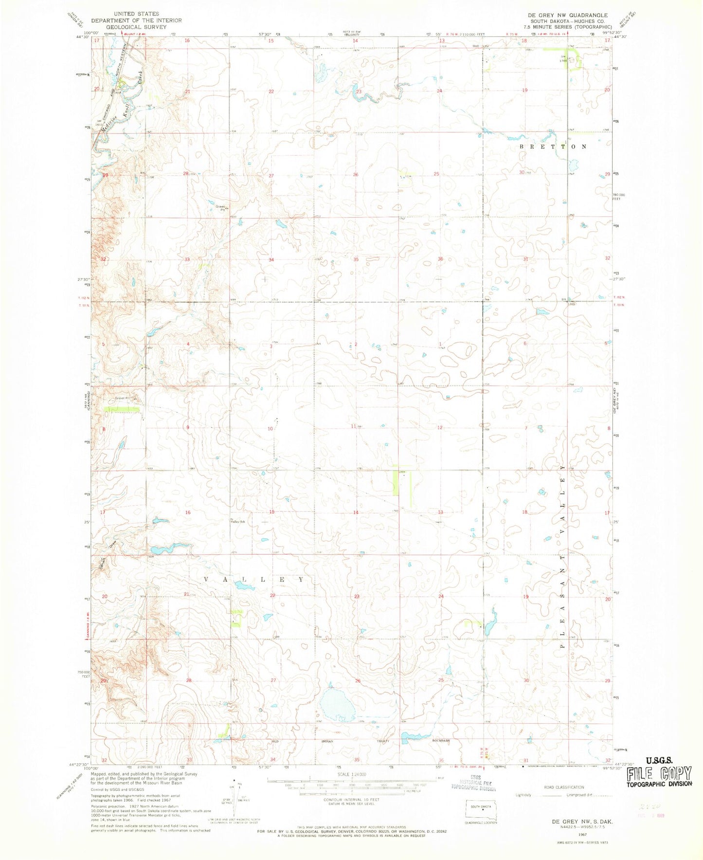 Classic USGS De Grey NW South Dakota 7.5'x7.5' Topo Map Image