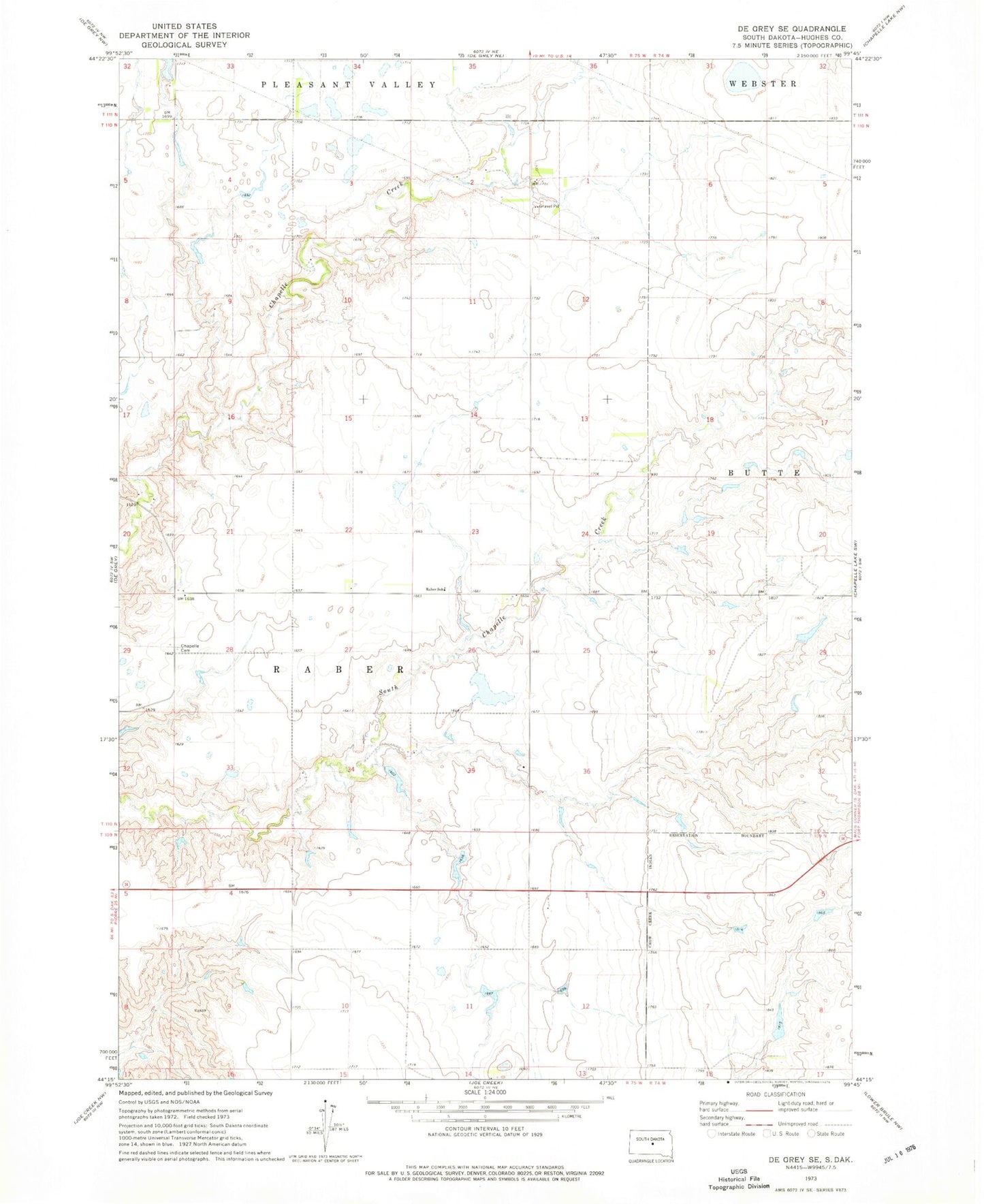 Classic USGS De Grey SE South Dakota 7.5'x7.5' Topo Map Image