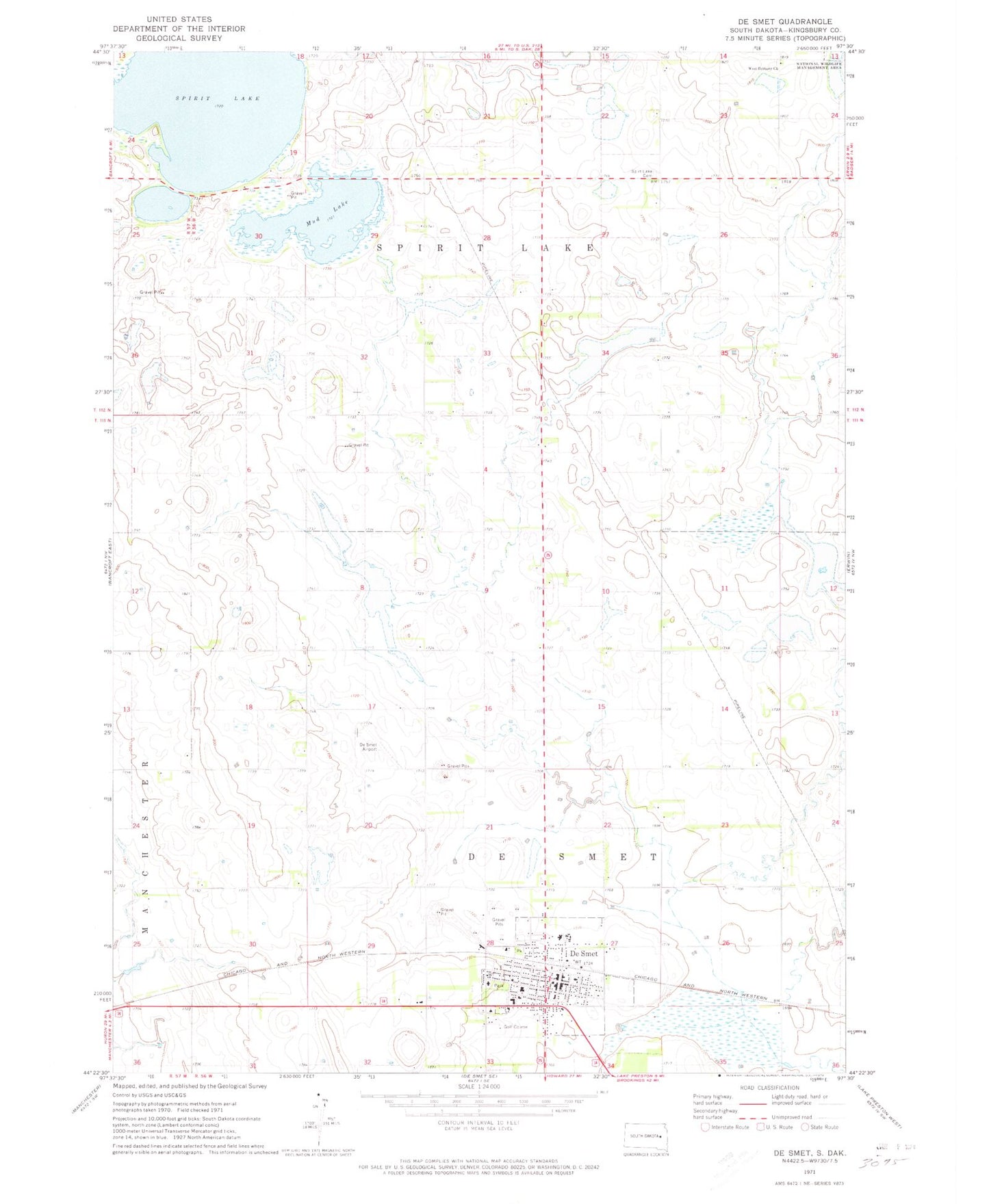 Classic USGS De Smet South Dakota 7.5'x7.5' Topo Map Image