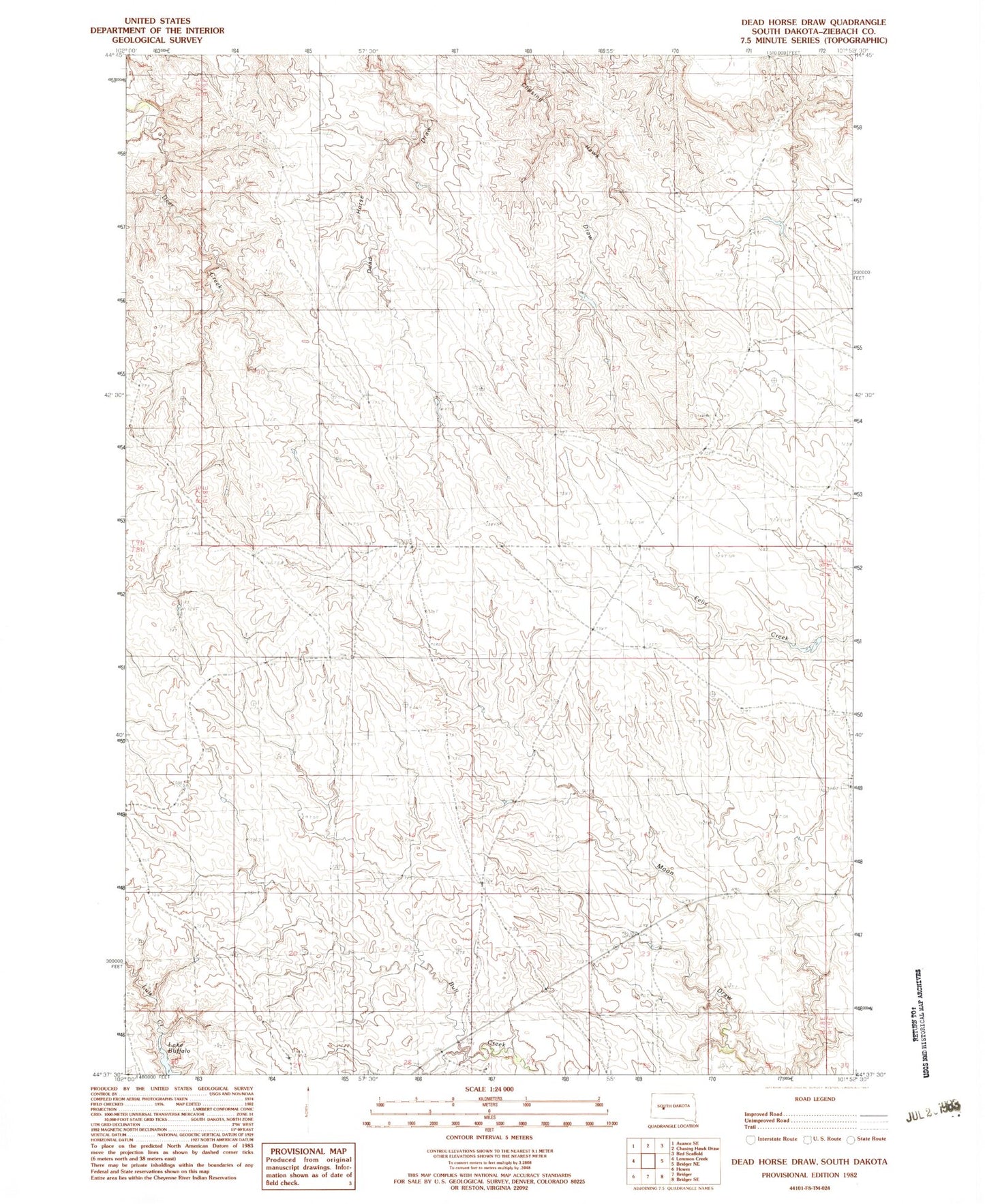 Classic USGS Dead Horse Draw South Dakota 7.5'x7.5' Topo Map Image