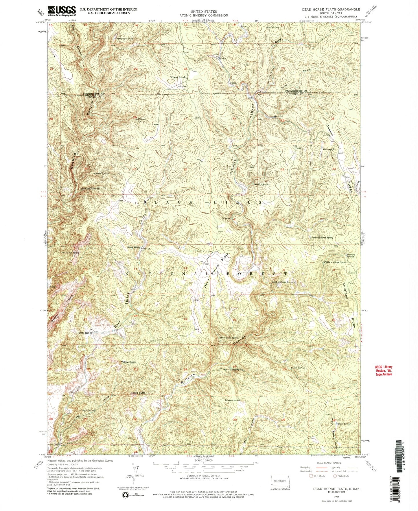 Classic USGS Dead Horse Flats South Dakota 7.5'x7.5' Topo Map Image