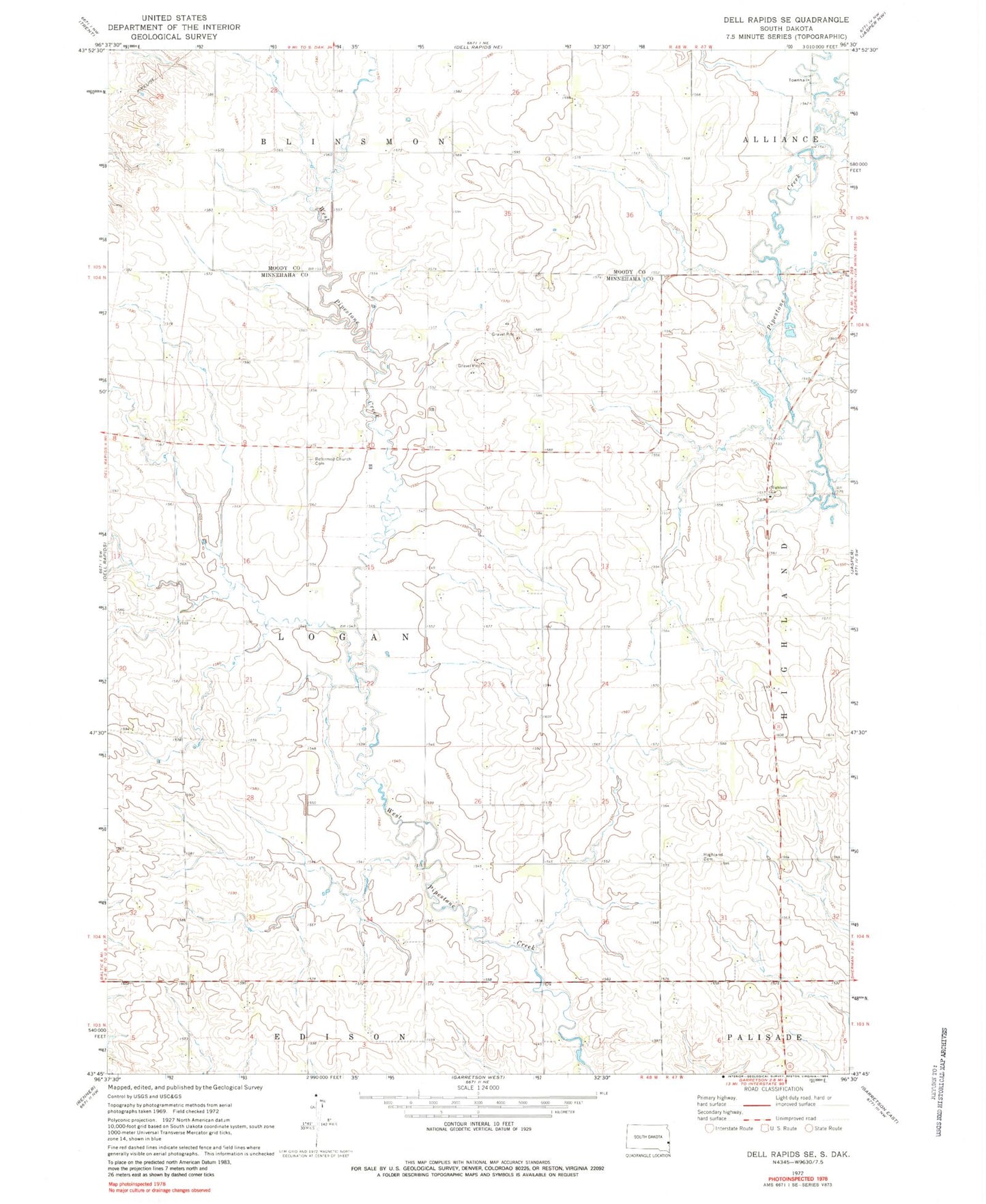 Classic USGS Dell Rapids SE South Dakota 7.5'x7.5' Topo Map Image