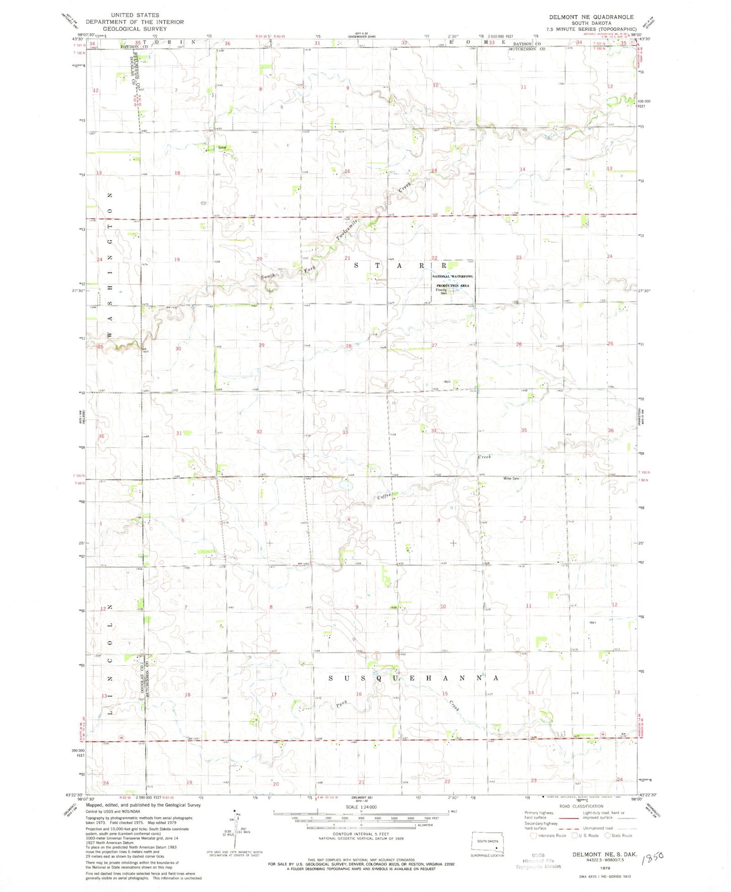Classic USGS Delmont NE South Dakota 7.5'x7.5' Topo Map Image