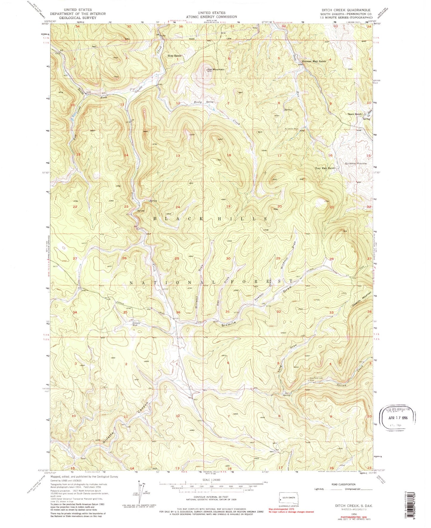 Classic USGS Ditch Creek South Dakota 7.5'x7.5' Topo Map Image