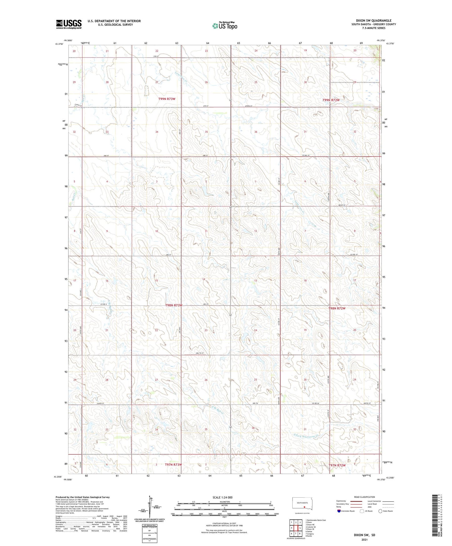 Dixon SW South Dakota US Topo Map Image