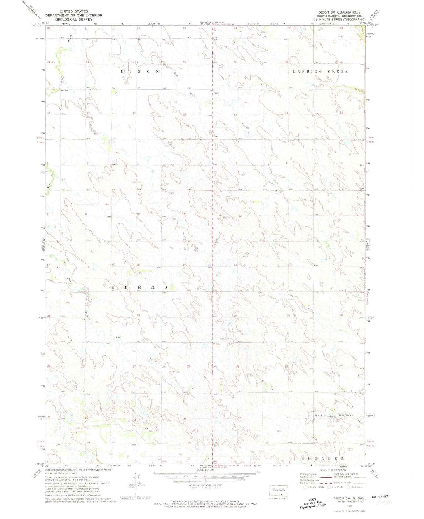 Classic USGS Dixon SW South Dakota 7.5'x7.5' Topo Map Image