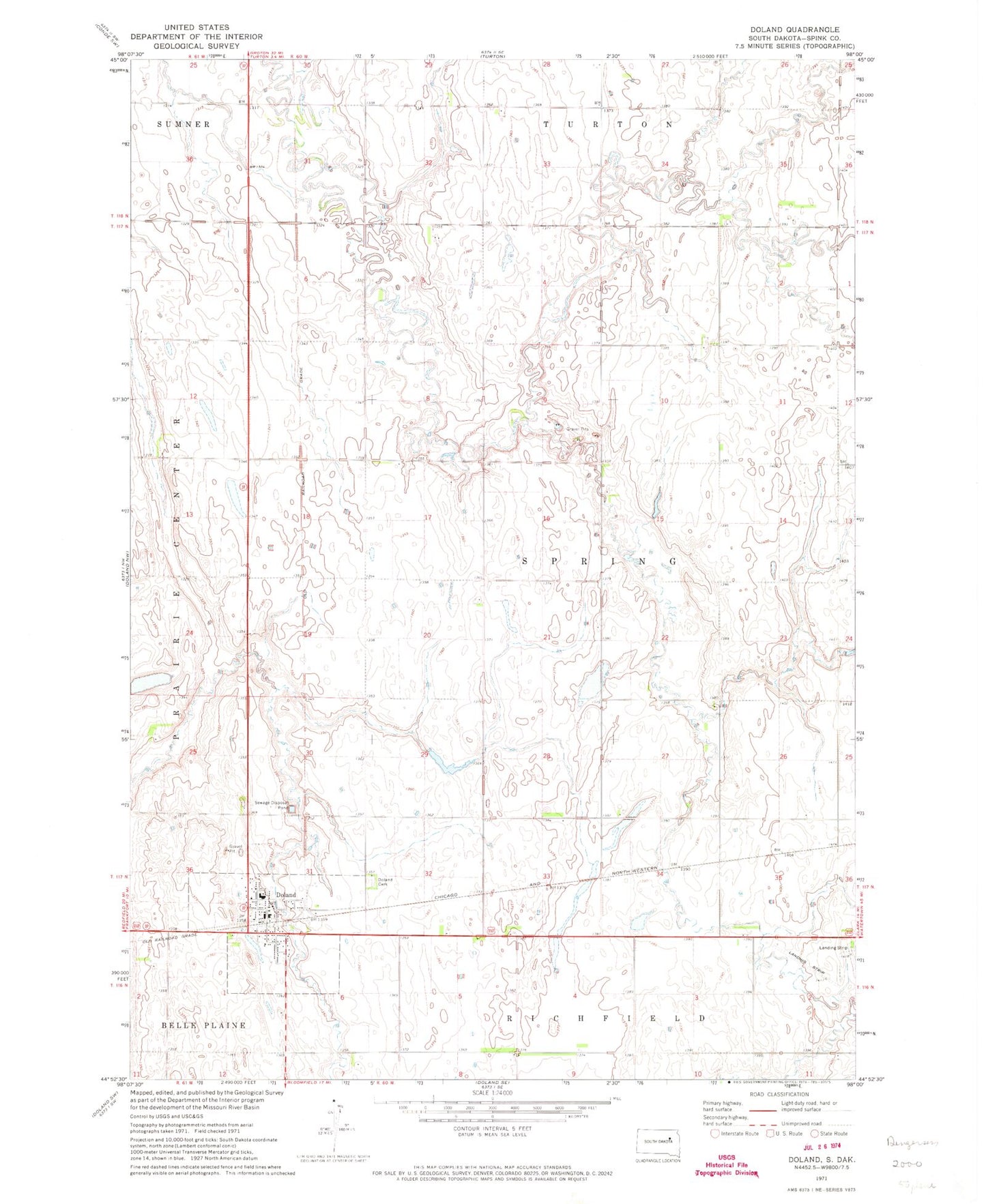 Classic USGS Doland South Dakota 7.5'x7.5' Topo Map Image