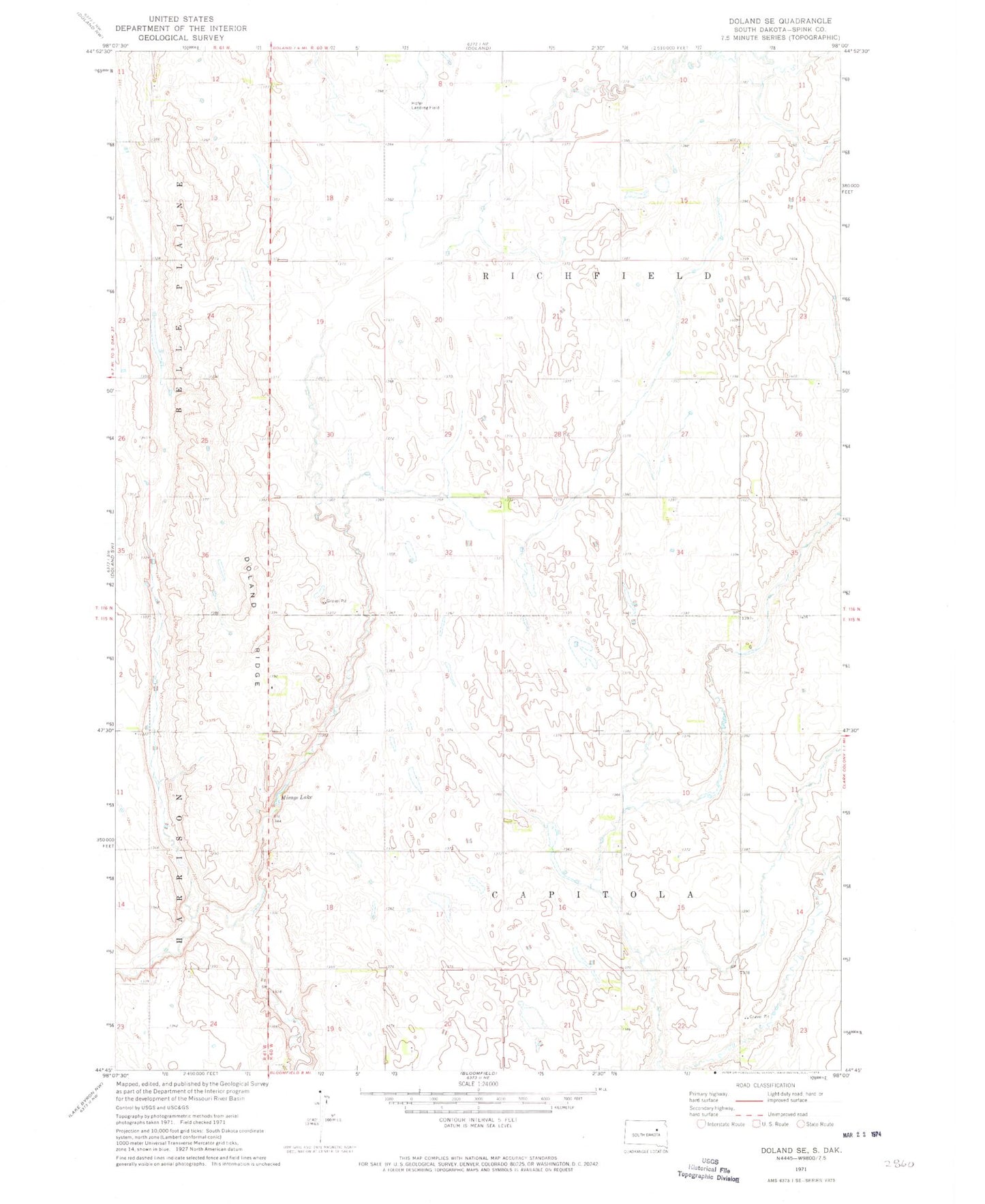 Classic USGS Doland SE South Dakota 7.5'x7.5' Topo Map Image