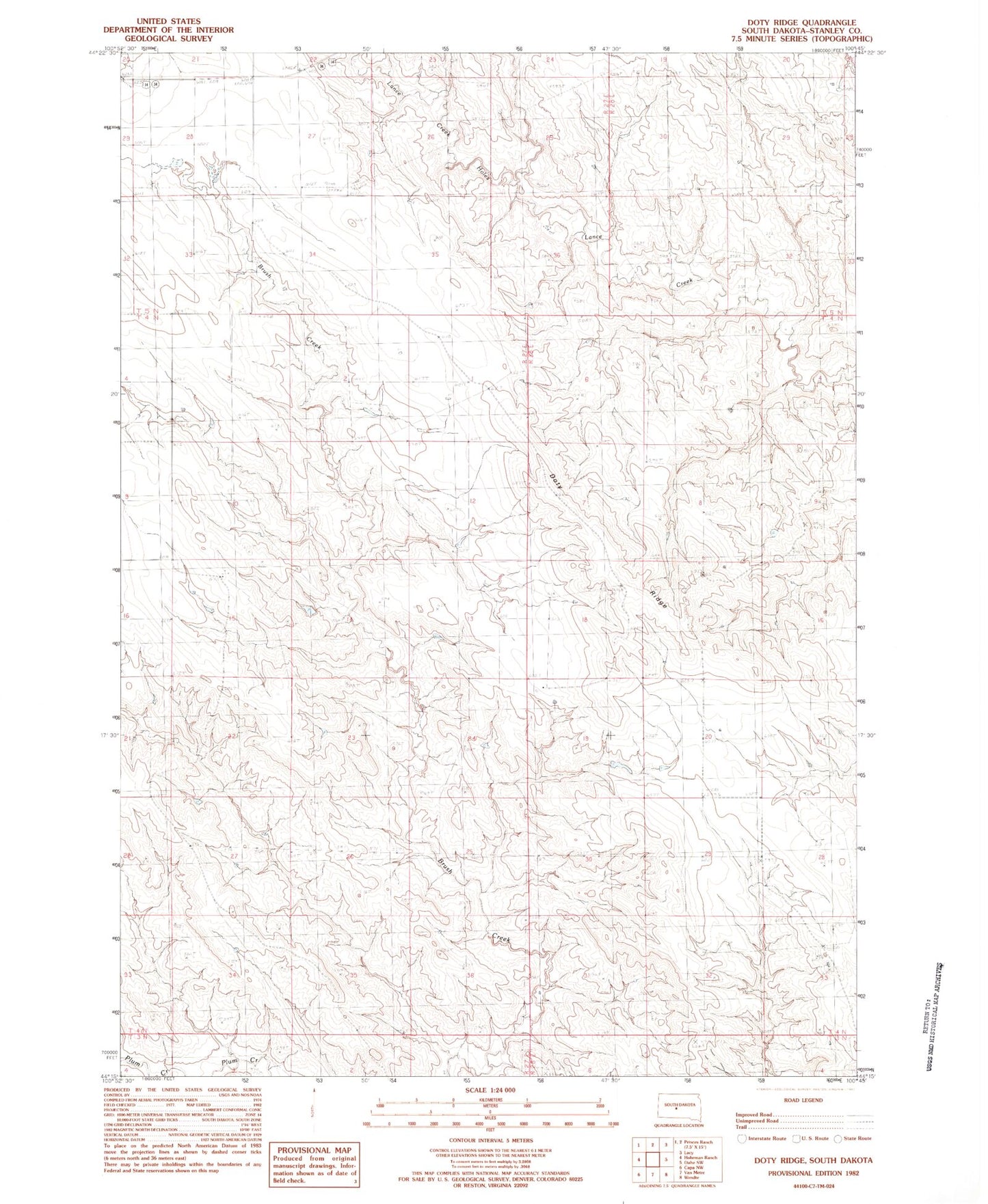 Classic USGS Doty Ridge South Dakota 7.5'x7.5' Topo Map Image