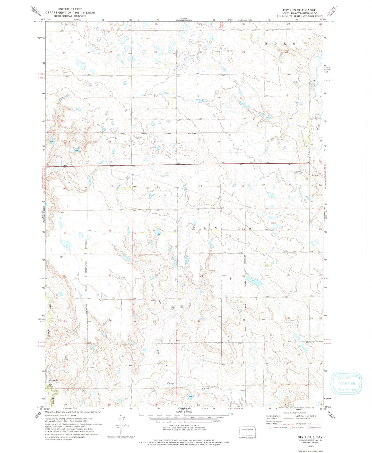 Classic USGS Dry Run South Dakota 7.5'x7.5' Topo Map Image