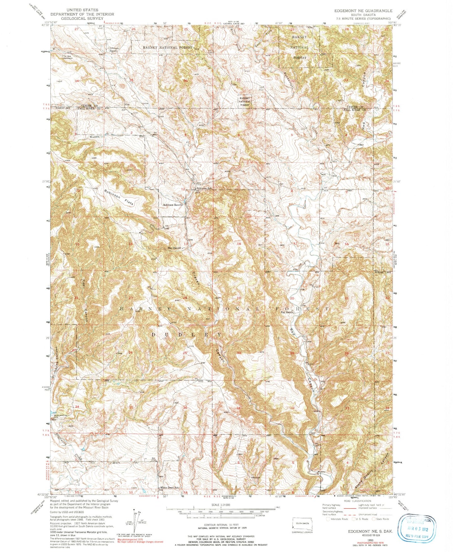 Classic USGS Edgemont NE South Dakota 7.5'x7.5' Topo Map Image