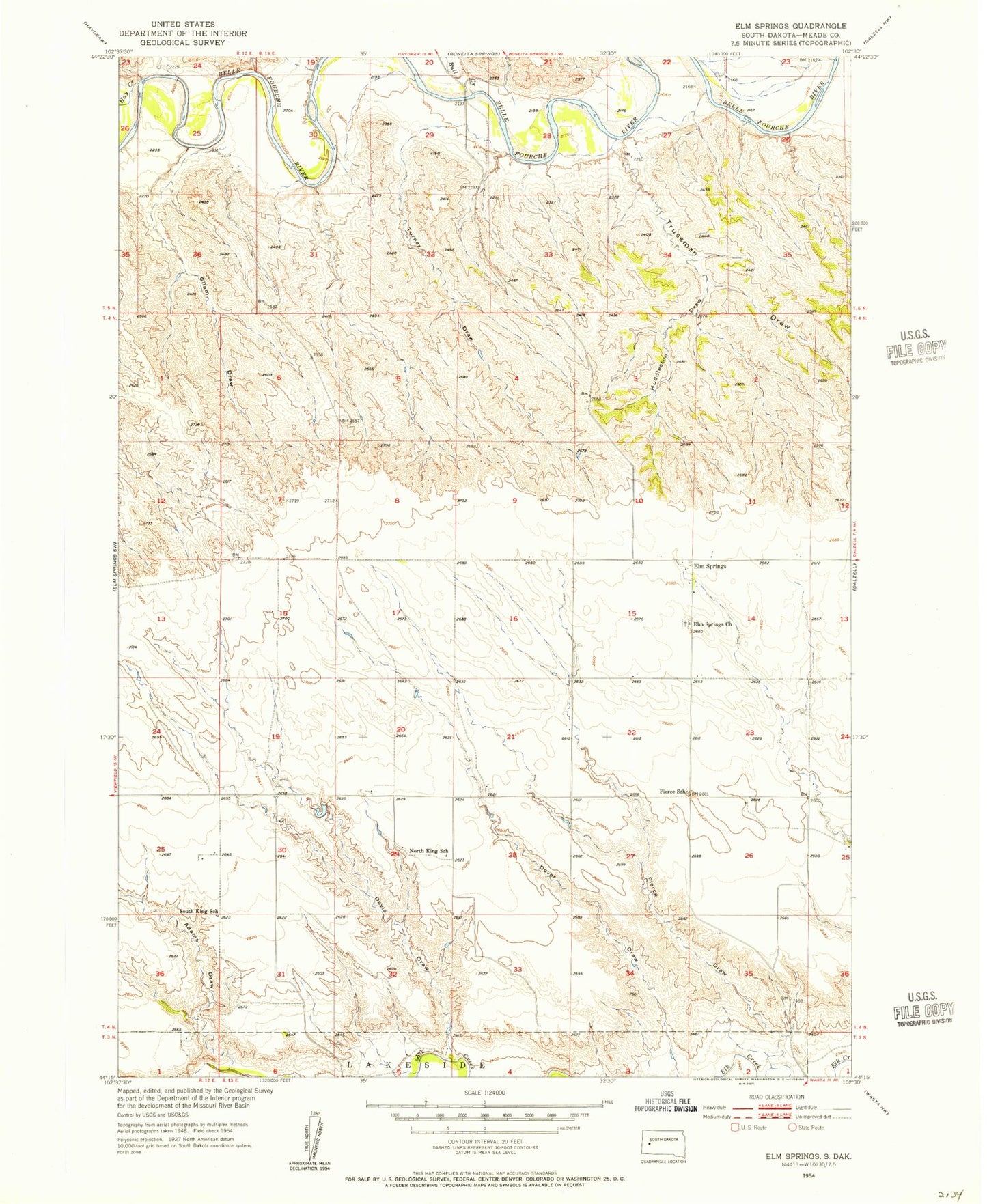 Classic USGS Elm Springs South Dakota 7.5'x7.5' Topo Map Image
