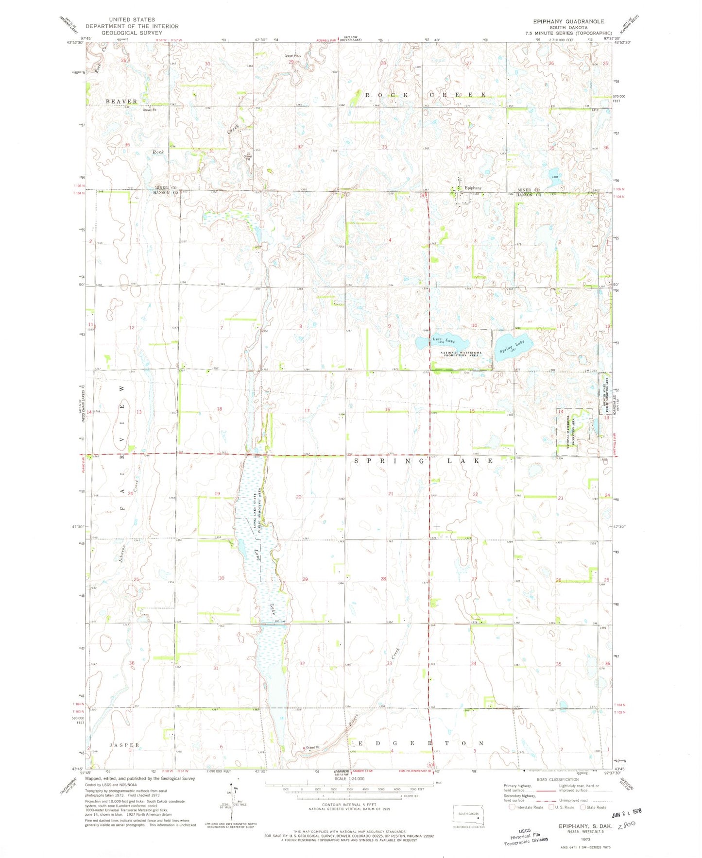 Classic USGS Epiphany South Dakota 7.5'x7.5' Topo Map Image