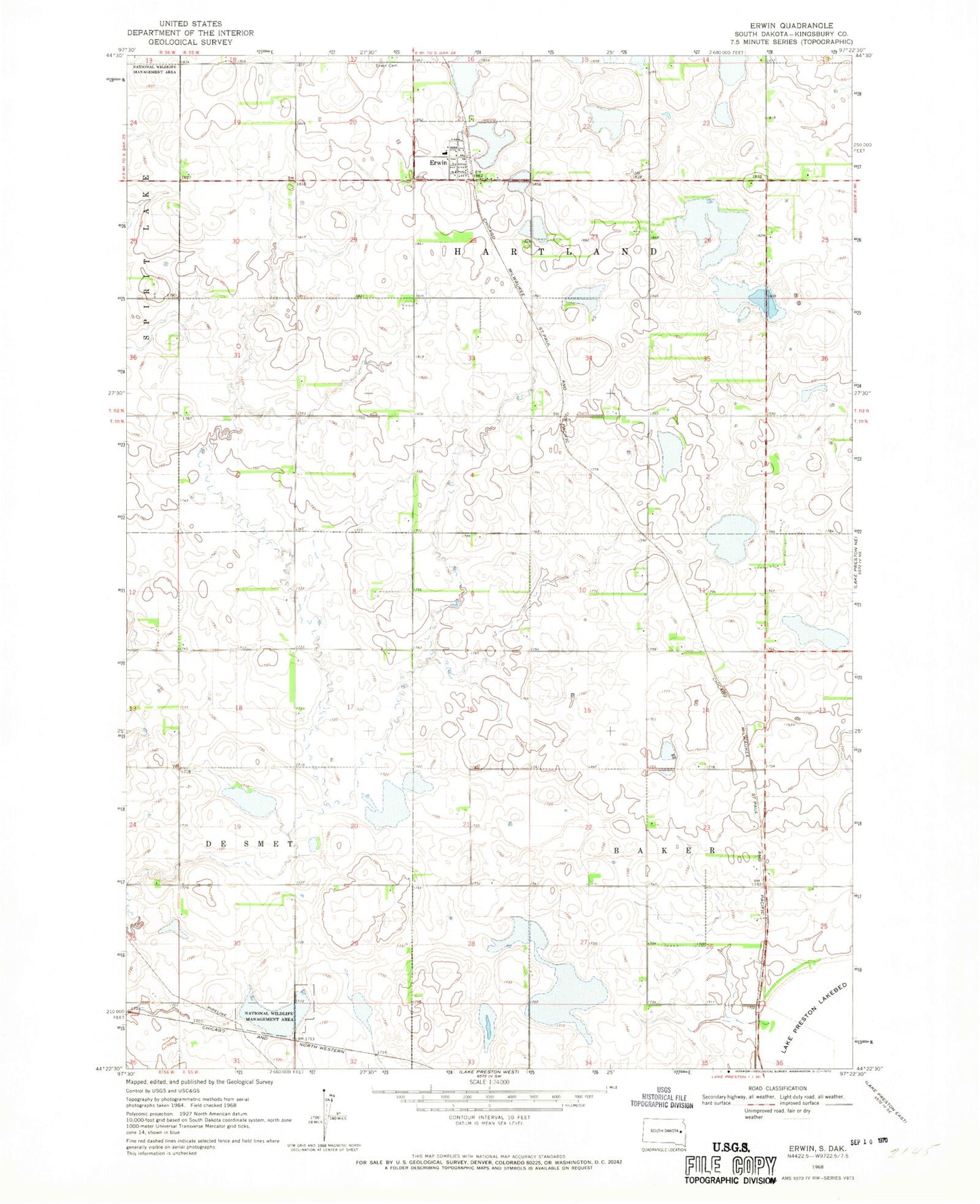 Classic USGS Erwin South Dakota 7.5'x7.5' Topo Map Image